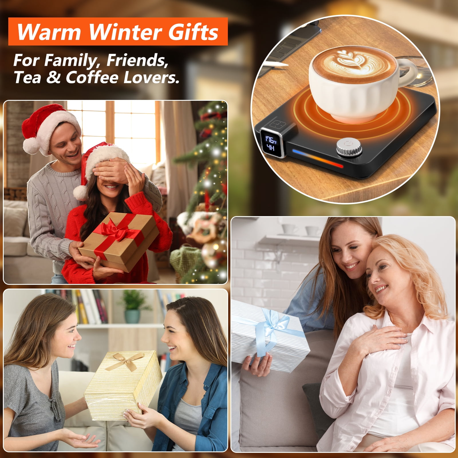 Bild mit Text 'Warme Wintergeschenke'. Menschen tauschen Geschenke aus, mit einem Kaffee-Wärmer oben rechts.