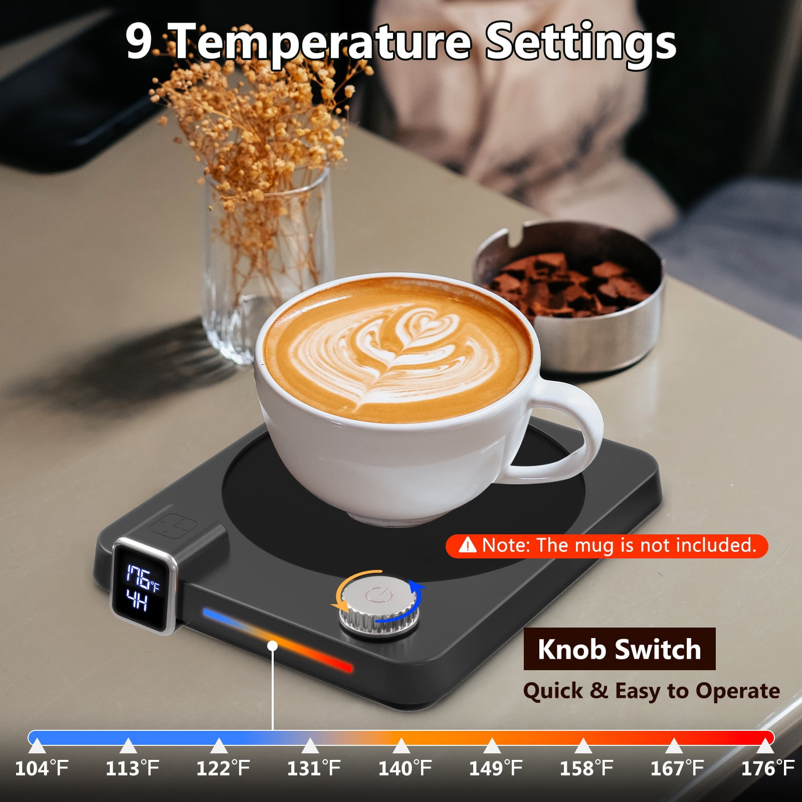 Kaffee-Wärmer mit 9 Einstellungen, Digitalanzeige und Drehknopf. Eine Kaffeetasse steht auf dem Wärmer. Hinweis: "Tasse nicht enthalten".