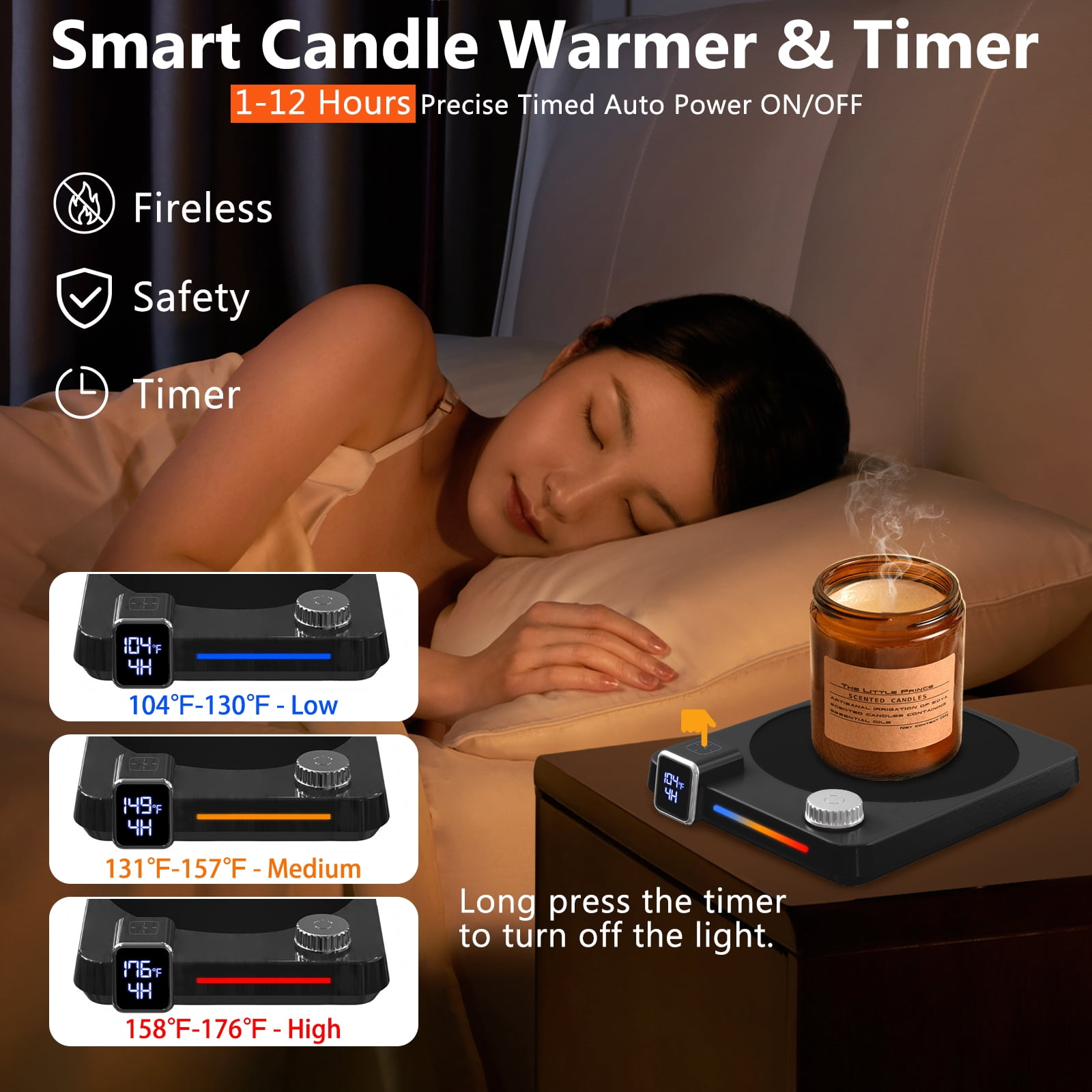Eine Frau schläft neben einem Kerzenwärmer. Der Wärmer hat Temperatureinstellungen und einen Timer.