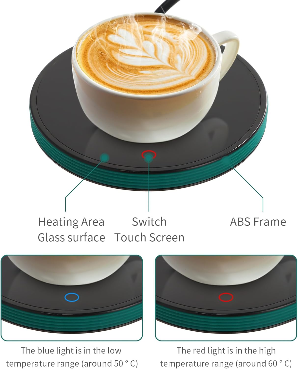 Eine Kaffeetasse steht auf einer schwarzen Heizplatte. Etiketten weisen auf Heizbereich, Schalter und ABS-Rahmen hin. Blaue und rote Lichter zeigen den Temperaturbereich an.