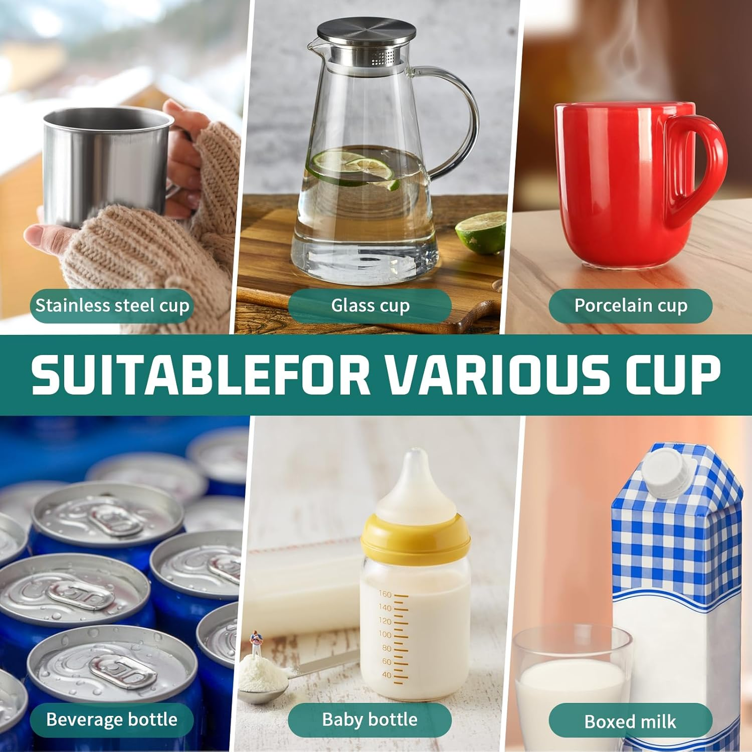 Das Bild zeigt einen Edelstahlbecher, einen Glasbecher, eine Porzellantasse, Getränkeflaschen, eine Babyflasche und Milch in der Box.