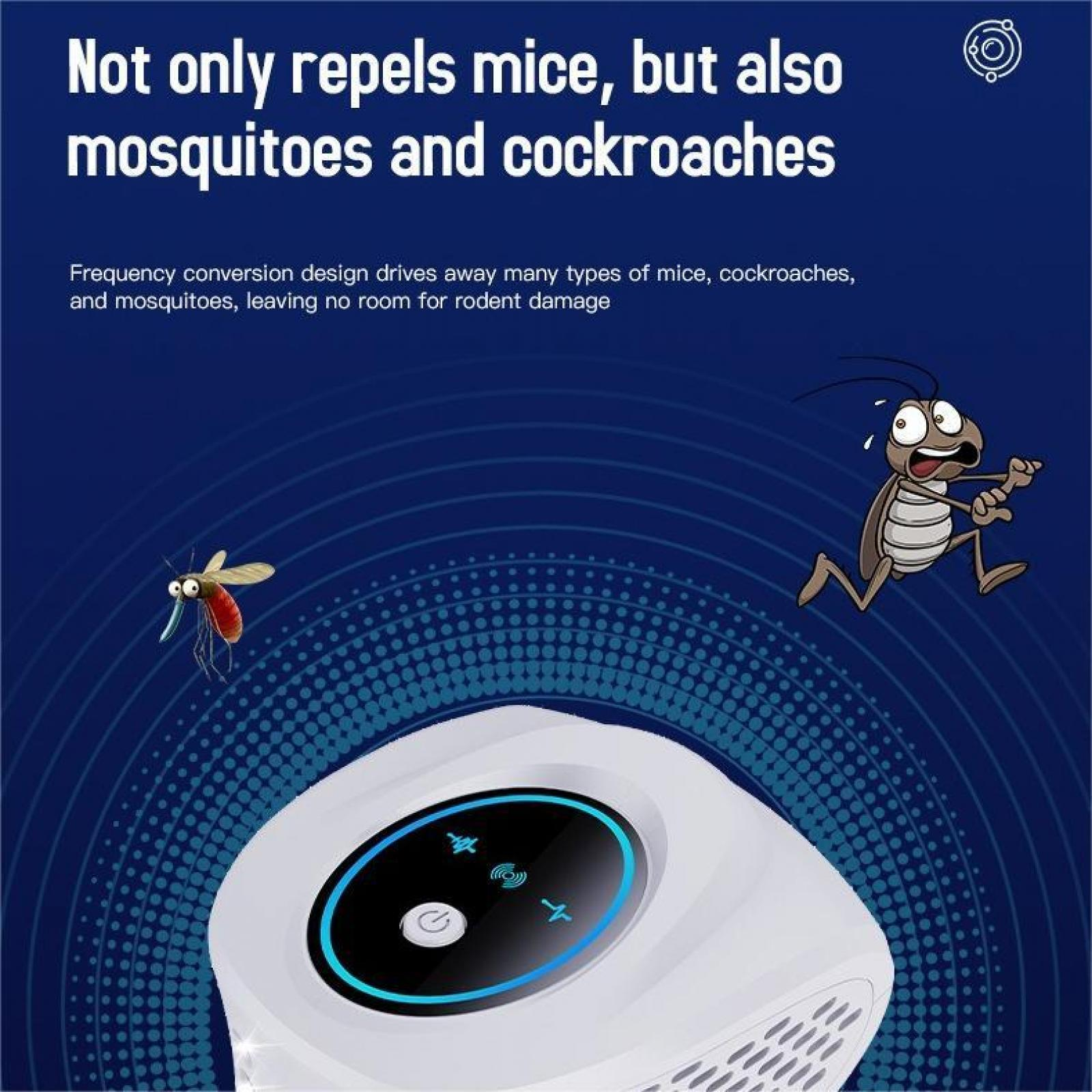 Das Bild zeigt ein Insektenabwehrgerät mit einer Mücke und einer Kakerlake, die fliehen. Text: Vertreibt Mäuse, Mücken und Kakerlaken.