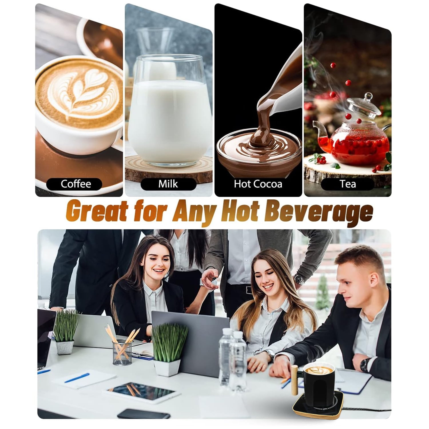 Das Bild zeigt Kaffee, Milch, heiße Schokolade, Tee und Leute an einem Tisch mit Laptops. Der Text lautet 'Great for Any Hot Beverage'.