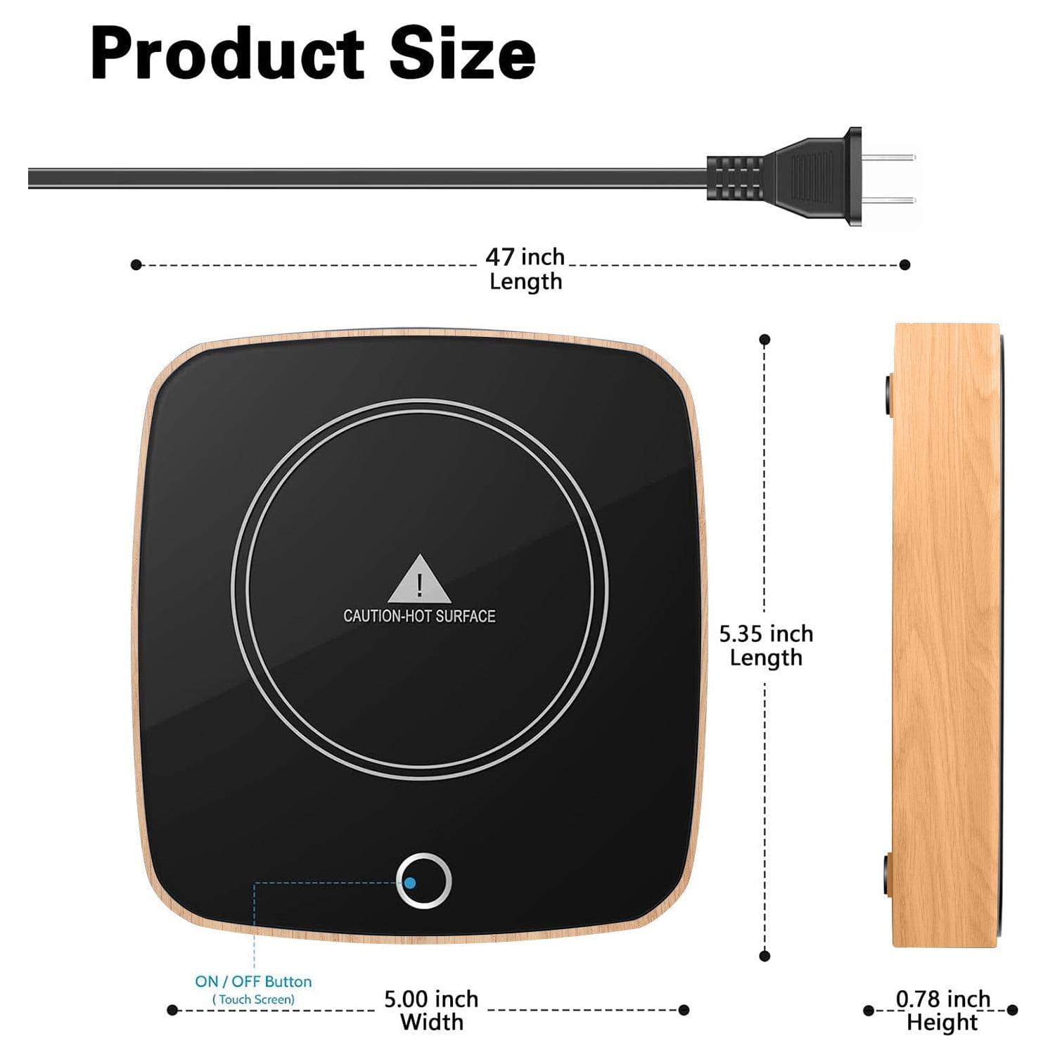 Diagramm der Produktgröße mit schwarzem und Holzdesign. Enthält Maße, Stecker, Heizfläche und Ein-/Aus-Taste.