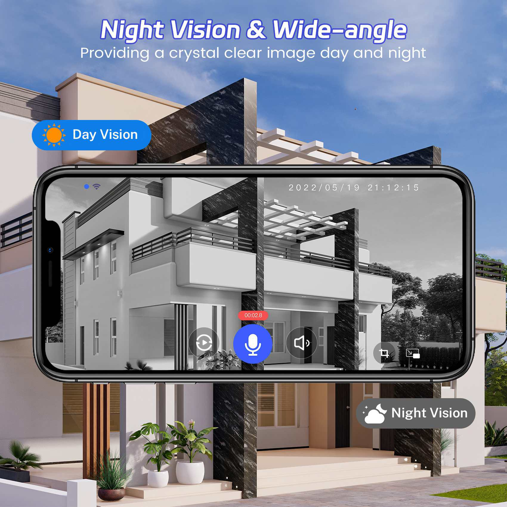 Ein Telefon, das ein Schwarz-Weiß-Bild eines Hauses anzeigt, mit Tag- und Nachtsichtsymbolen.