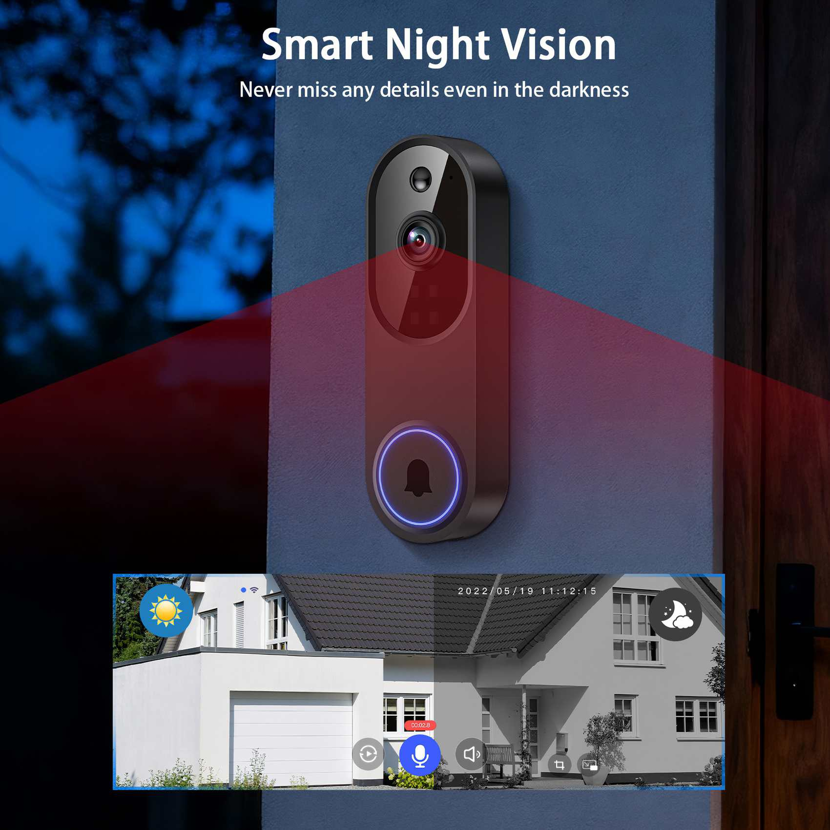 Eine intelligente Türklingel mit Nachtsicht ist an einer Wand montiert. Sie zeigt einen Live-Feed eines Hauses, Tag und Nacht.