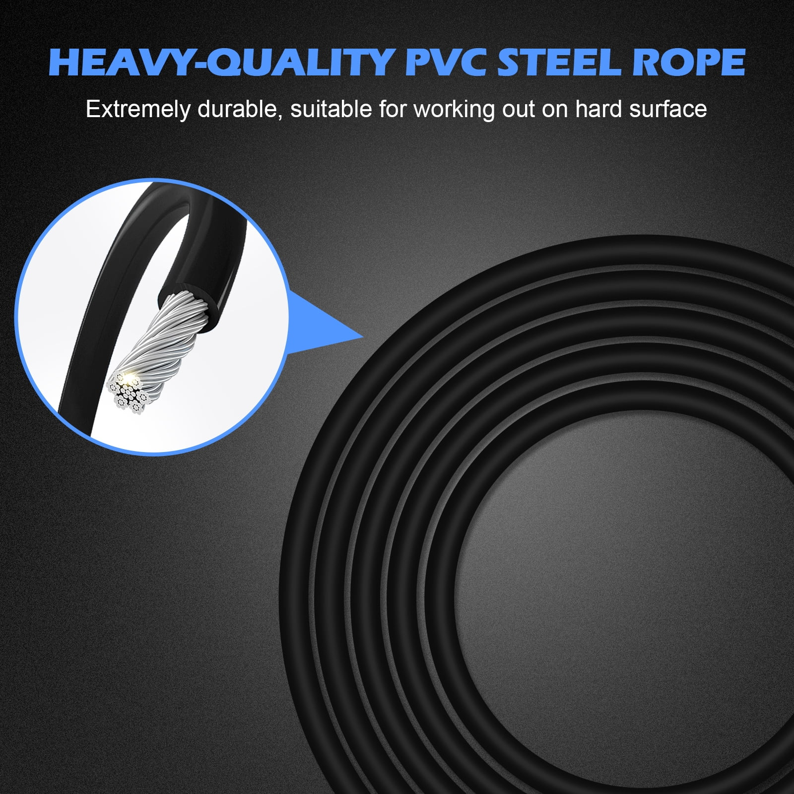 Schwarzes PVC-Stahlseil. Eine Nahaufnahme zeigt den Stahlkern. Text: HOCHWERTIGES PVC-STAHLSEIL.