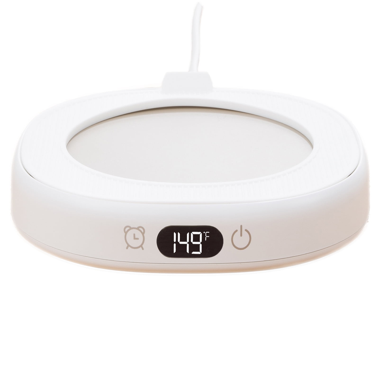 Ein weißer elektrischer Tassenwärmer mit Digitalanzeige, die 149°F anzeigt, sowie Strom- und Timer-Symbolen und einem weißen Kabel.