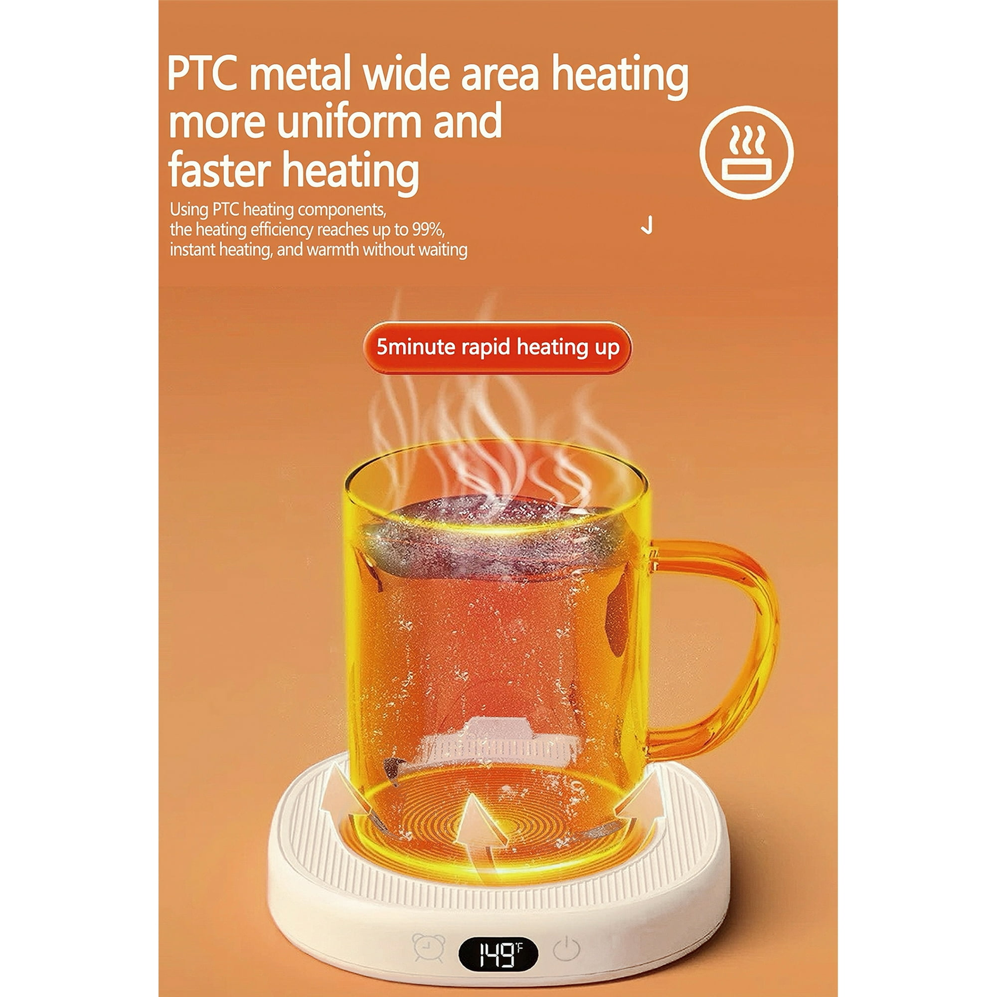 Glasbecher mit Tee auf Heizsockel, orangefarbener Hintergrund, aufsteigender Dampf, Text zum Heizen.