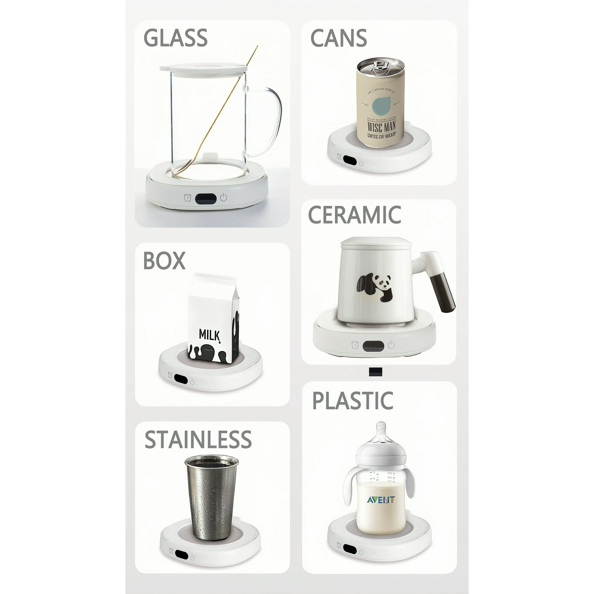 Das Bild zeigt ein Glas, eine Dose, eine Keramiktasse, eine Milchbox, einen Edelstahlbecher und eine Plastikflasche.