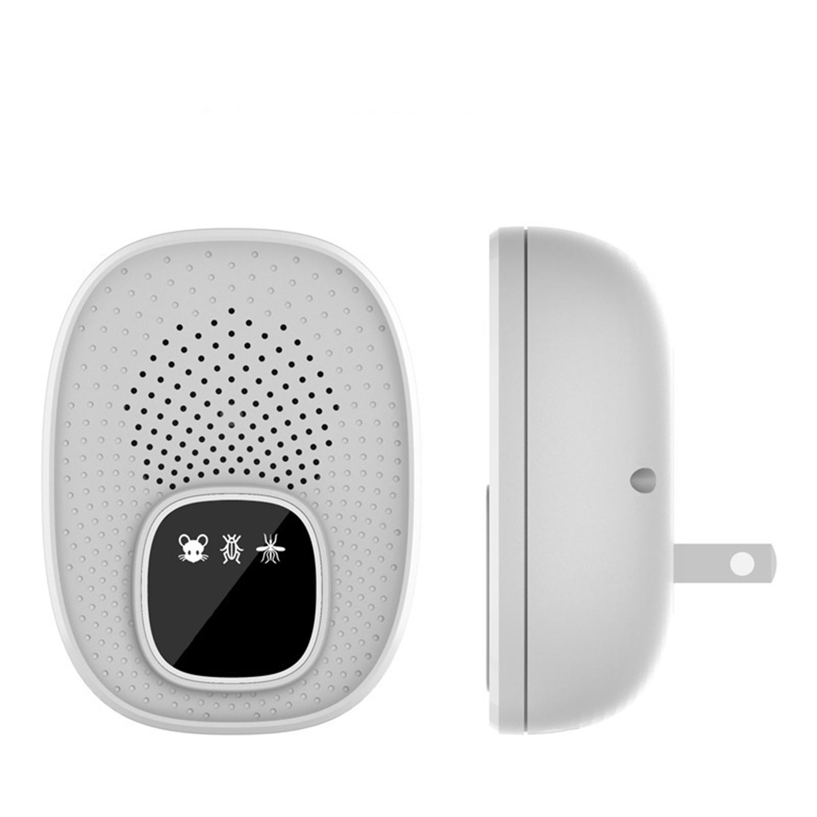 Ein weißer Schädlingsbekämpfer mit Lautsprecher, Bildschirm mit Symbolen und Stecker.