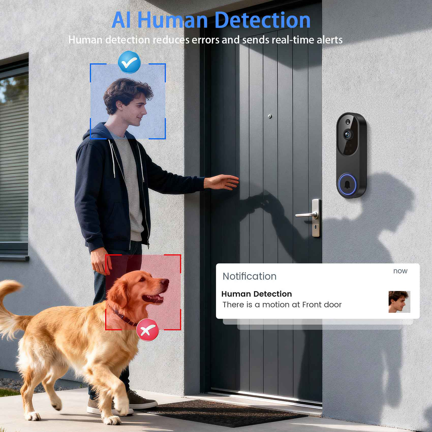 Ein Mann und ein Golden Retriever in der Nähe einer Tür. Eine Benachrichtigung zeigt Bewegung an. Eine Türklingel ist sichtbar.