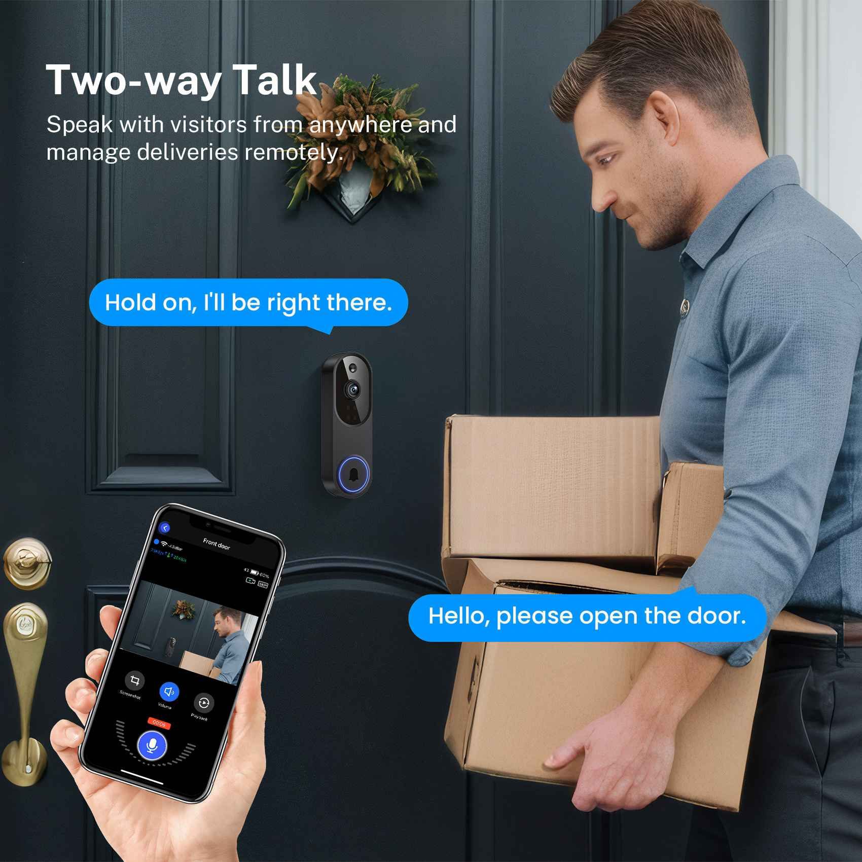 Ein Mann an einer Tür mit Paketen. Er benutzt ein Smartphone mit einer Türklingel. Text lautet: „Hallo, bitte öffnen Sie die Tür“.