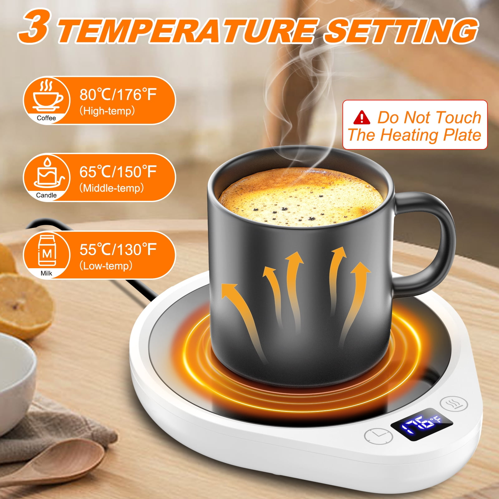 Eine Kaffeetasse steht auf einem weißen Wärmer. Der Wärmer zeigt die Temperatur an. Das Bild hat Temperatureinstellungen.