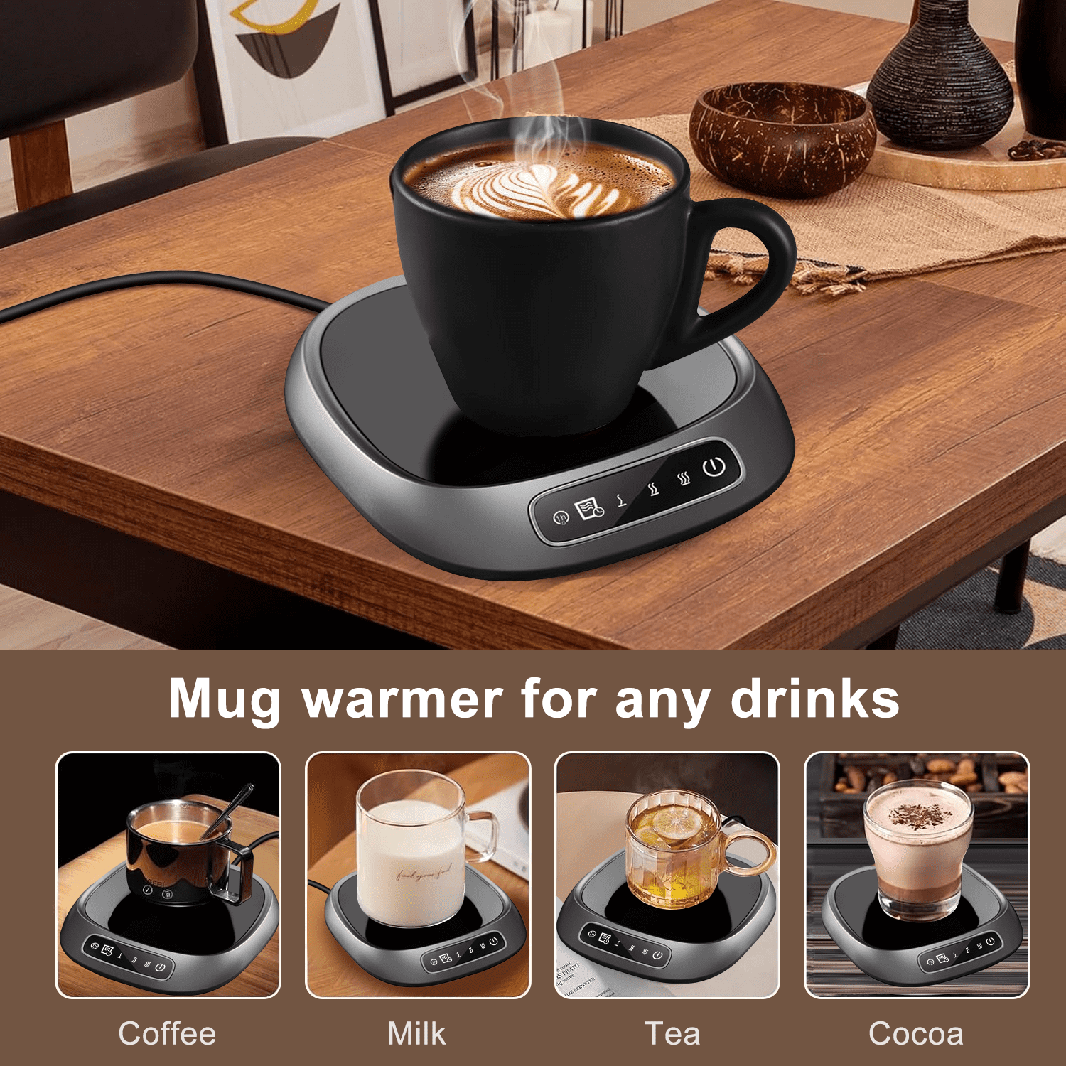 Eine schwarze Tasse Kaffee steht auf einem Tassenwärmer. Darunter sind Bilder von Getränken: Kaffee, Milch, Tee und Kakao, jeweils auf einem Wärmer.