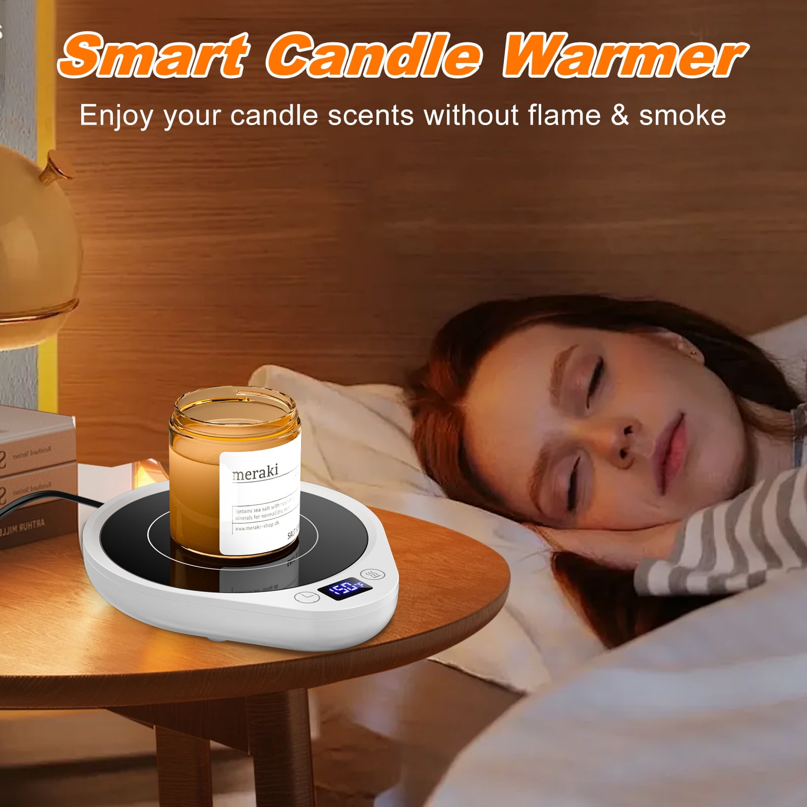 Eine Frau schläft in der Nähe eines Kerzenwärmers mit einer Kerze darauf. Der Text lautet 'Smart Candle Warmer'.