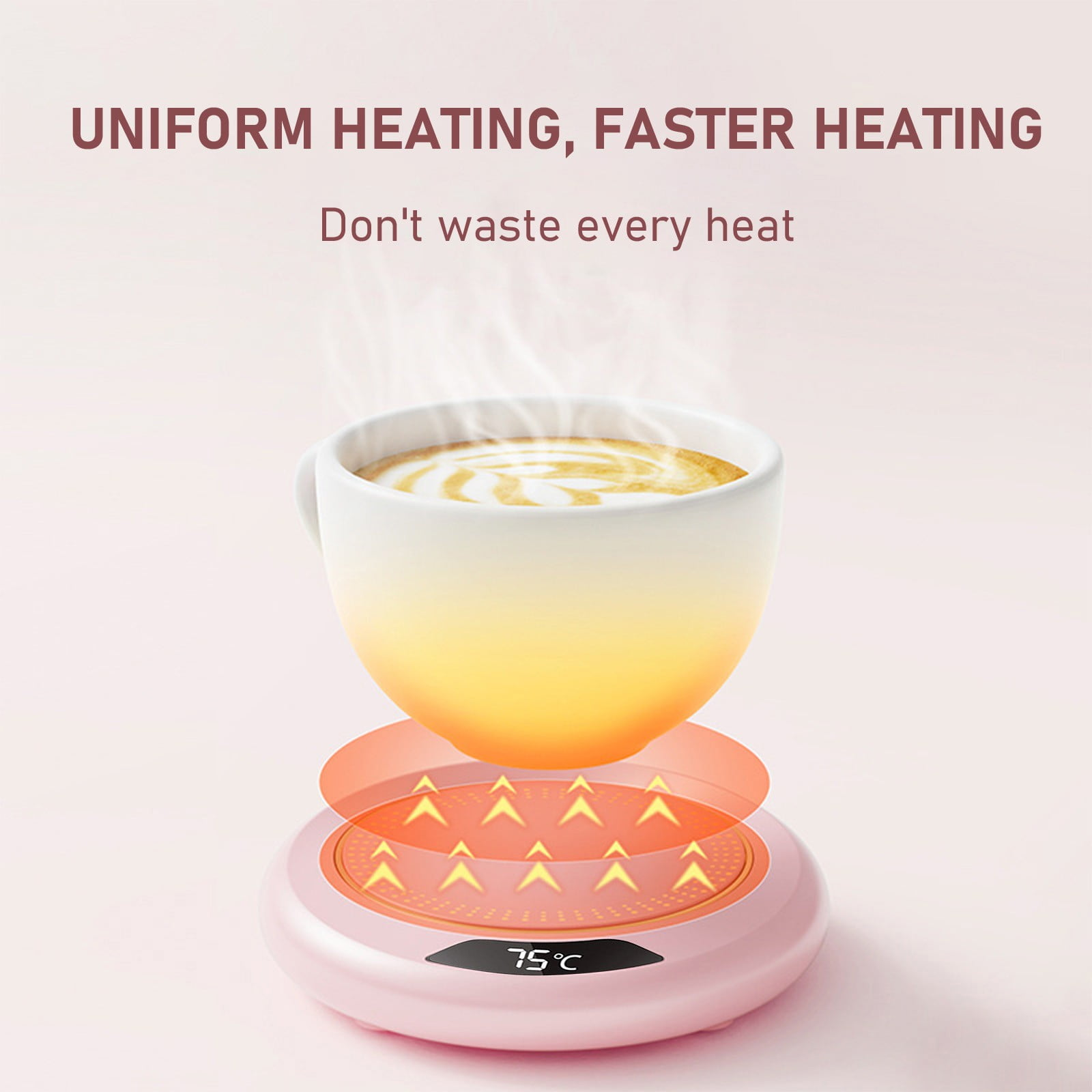 Eine Kaffeetasse auf einem rosa Wärmer mit Dampf und Text: gleichmäßiges Heizen, schnelleres Heizen. Es zeigt 75°C.