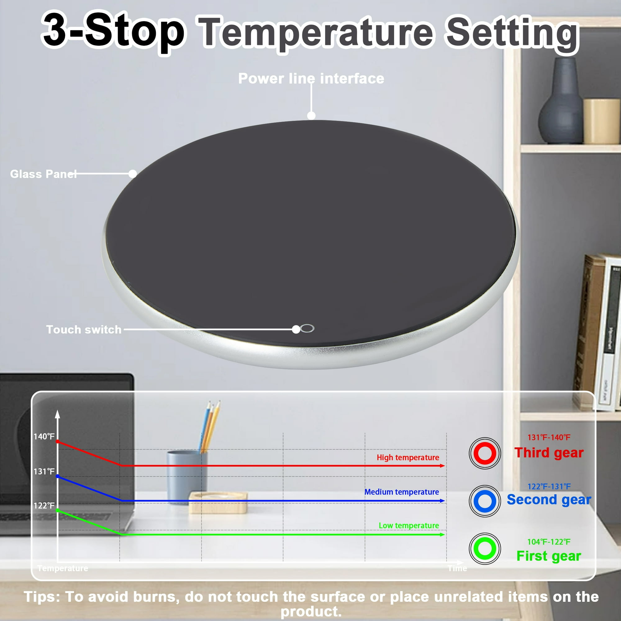 Ein rundes, schwarzes Gerät mit Temperatureinstellungen, Diagrammen und einem Regal im Hintergrund. Zeigt drei Temperaturstufen.