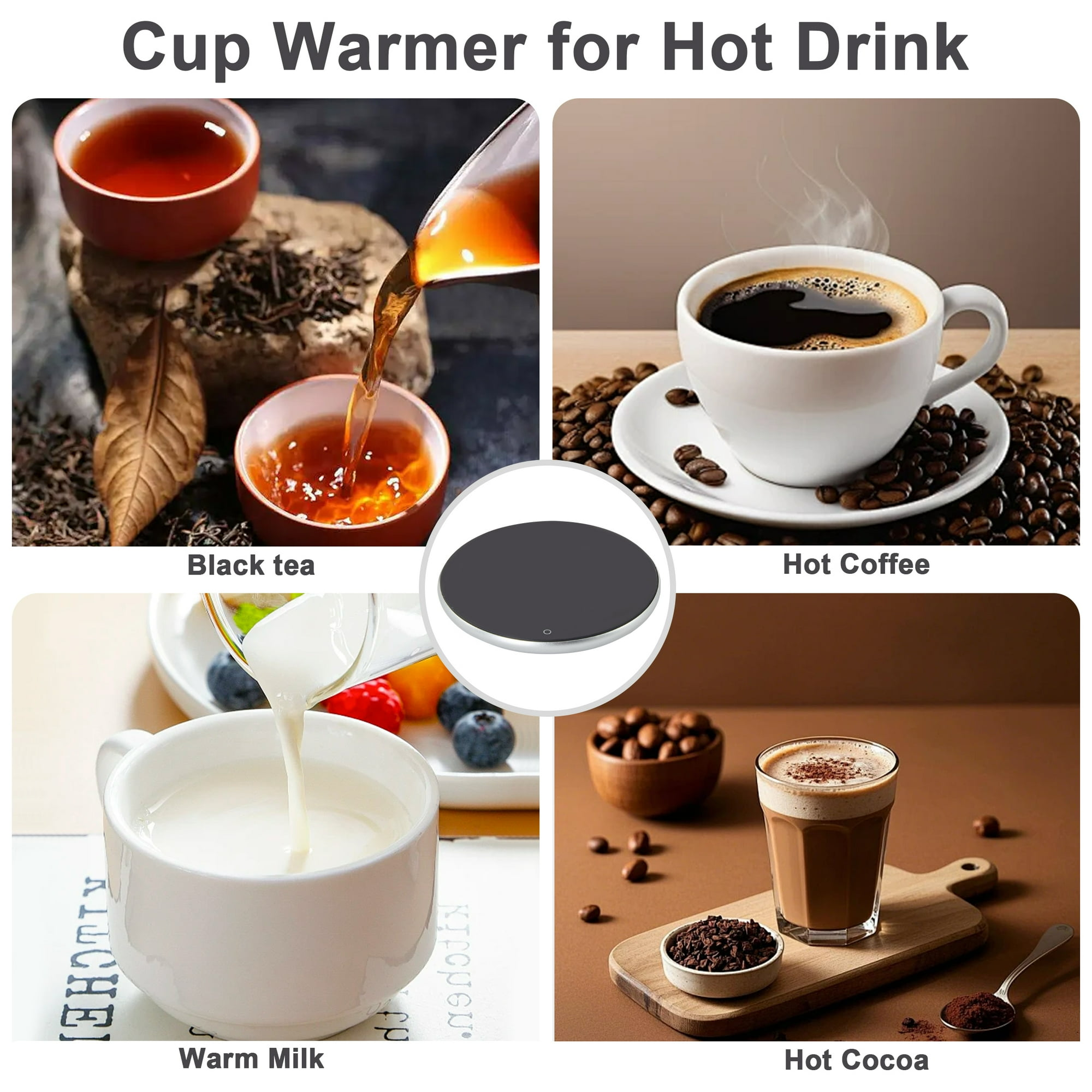 Das Bild zeigt einen Tassenwärmer mit vier Getränkebeispielen: Schwarztee, heißer Kaffee, warme Milch und heißer Kakao.