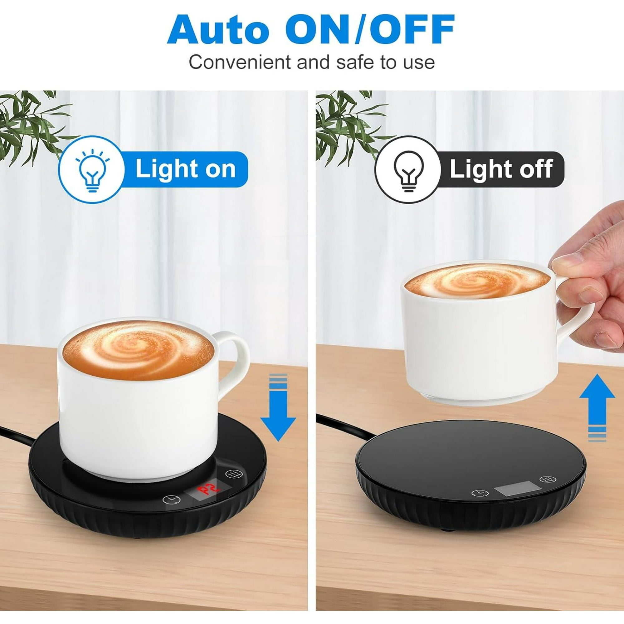 Das Bild zeigt eine Tasse auf einem Heizgerät, das die Ein/Aus-Funktion demonstriert. Der Text lautet 'Auto ON/OFF'.