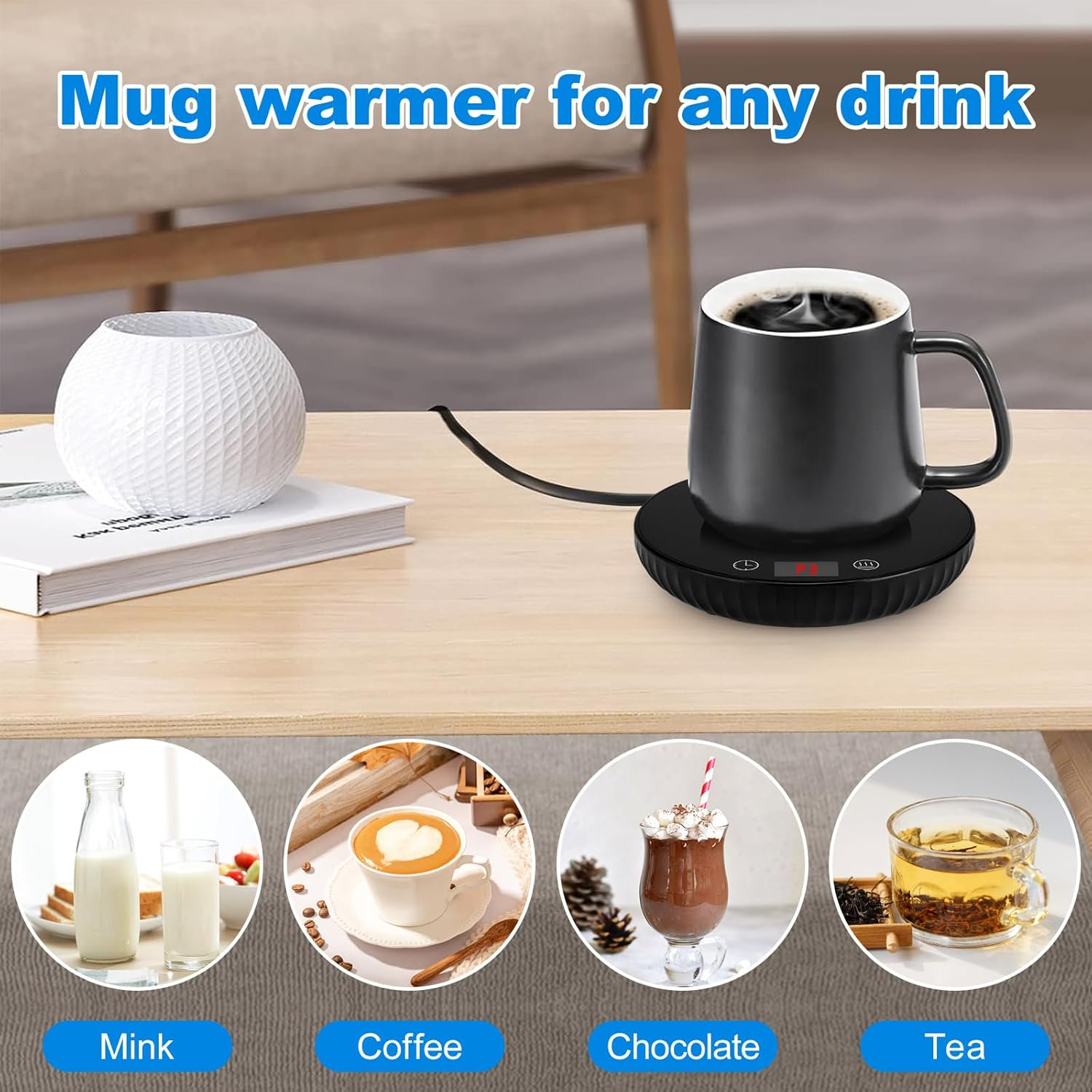 Ein Becherwärmer mit einer schwarzen Tasse mit Kaffee. Unten sind Bilder von Milch, Kaffee, Schokolade und Tee.