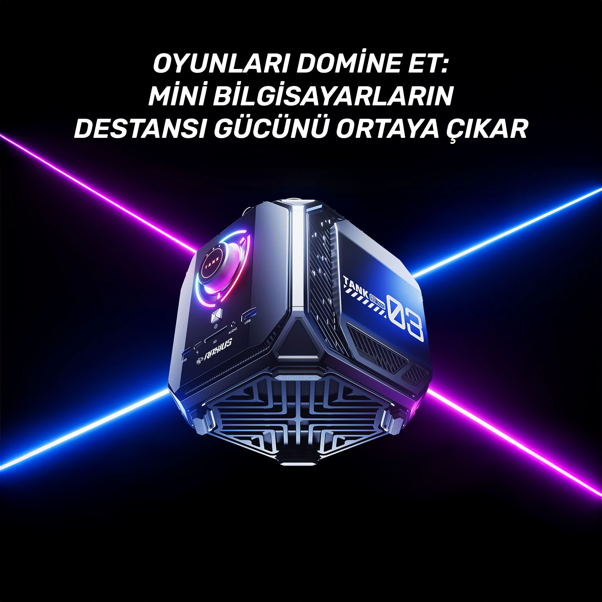 Ortada fütüristik bir bilgisayar ve Türkçe metin bulunan karanlık bir görüntü. Mavi ve pembe ışınlar mevcut.