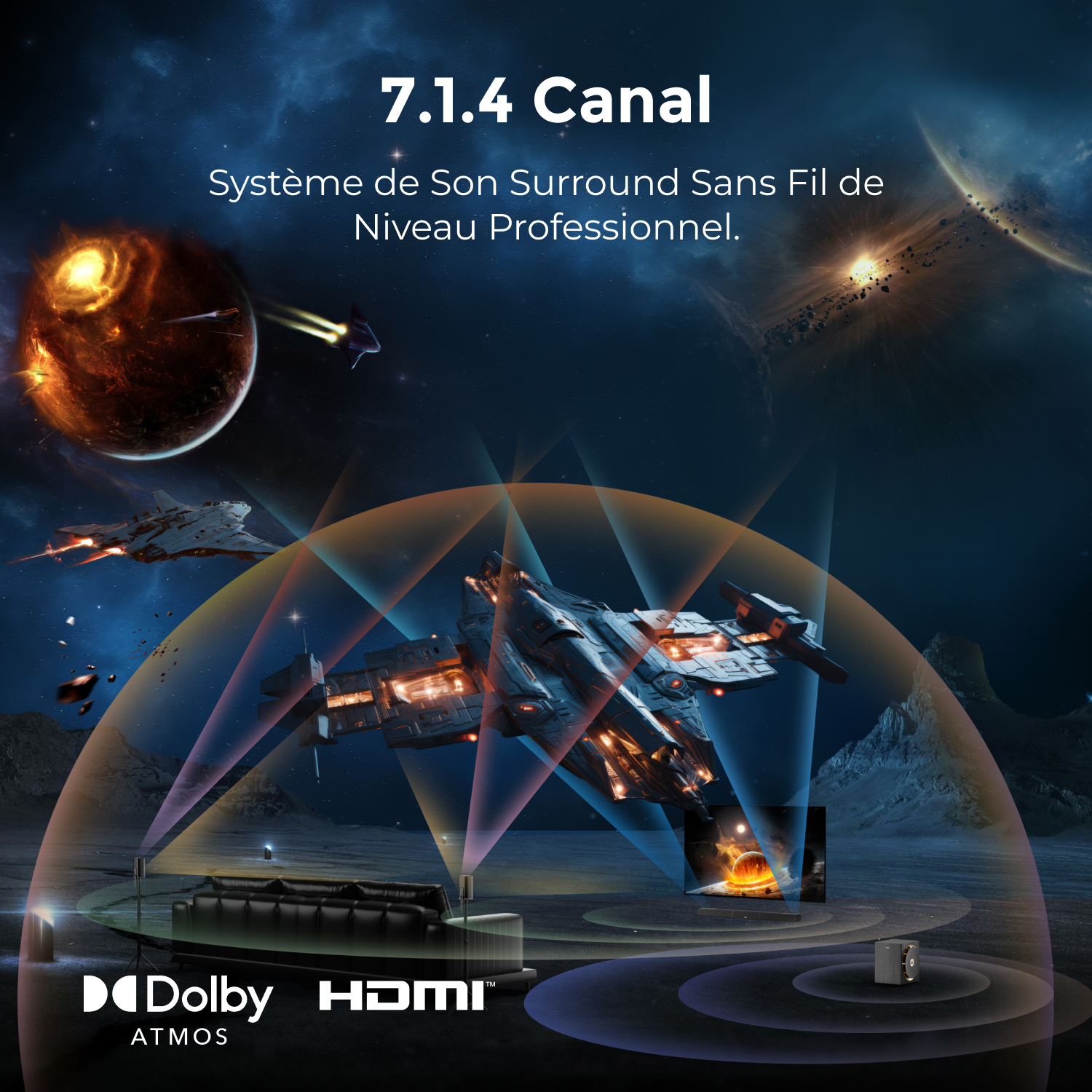 Een sciencefiction-scène met een ruimteschip, planeten en een thuisbioscoopsysteem. Tekst luidt '7.1.4 Canal' en 'Dolby Atmos'.