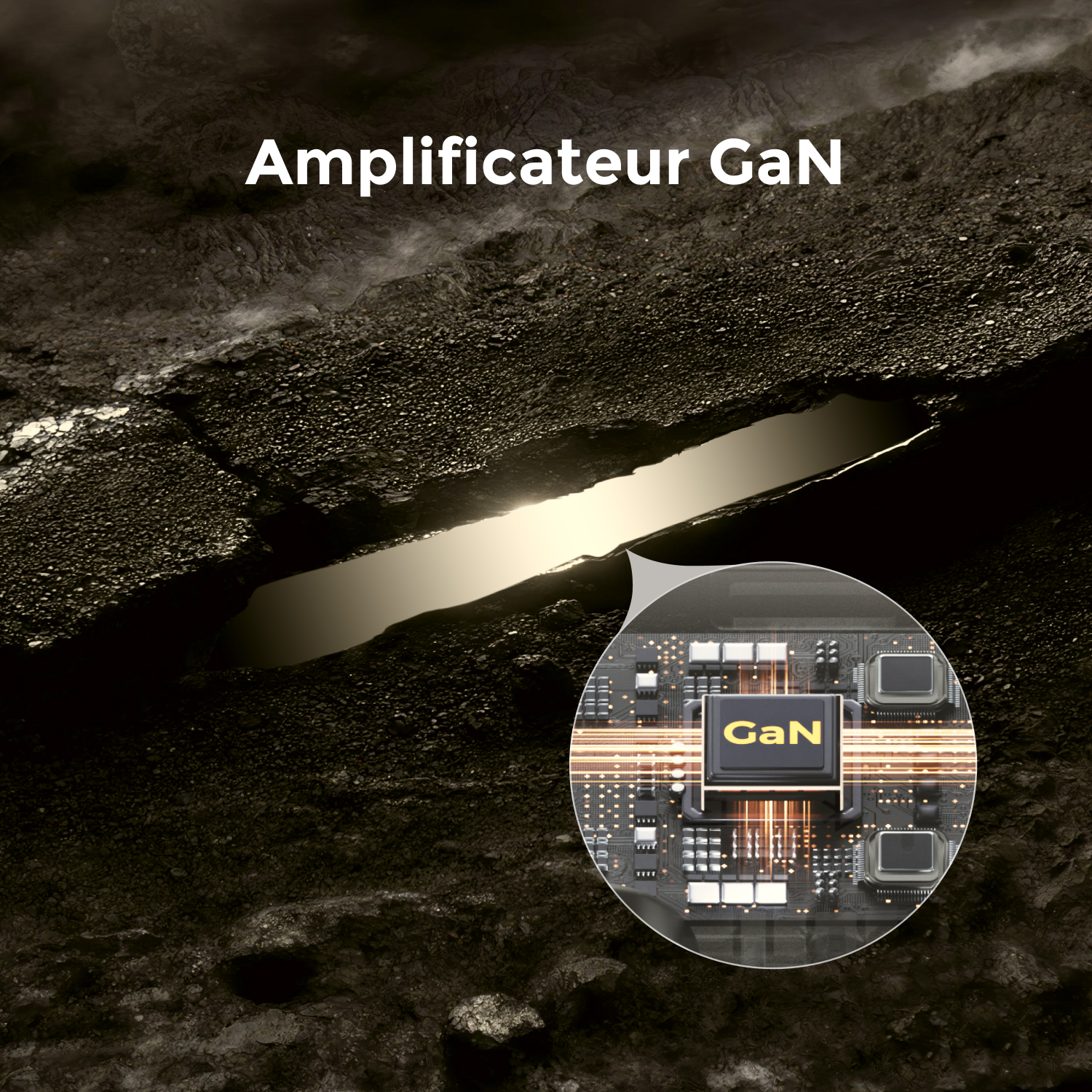 Afbeelding toont 'Amplificateur GaN'. Een printplaat met 'GaN' wordt in een cirkel getoond tegen een donker, gebarsten oppervlak.