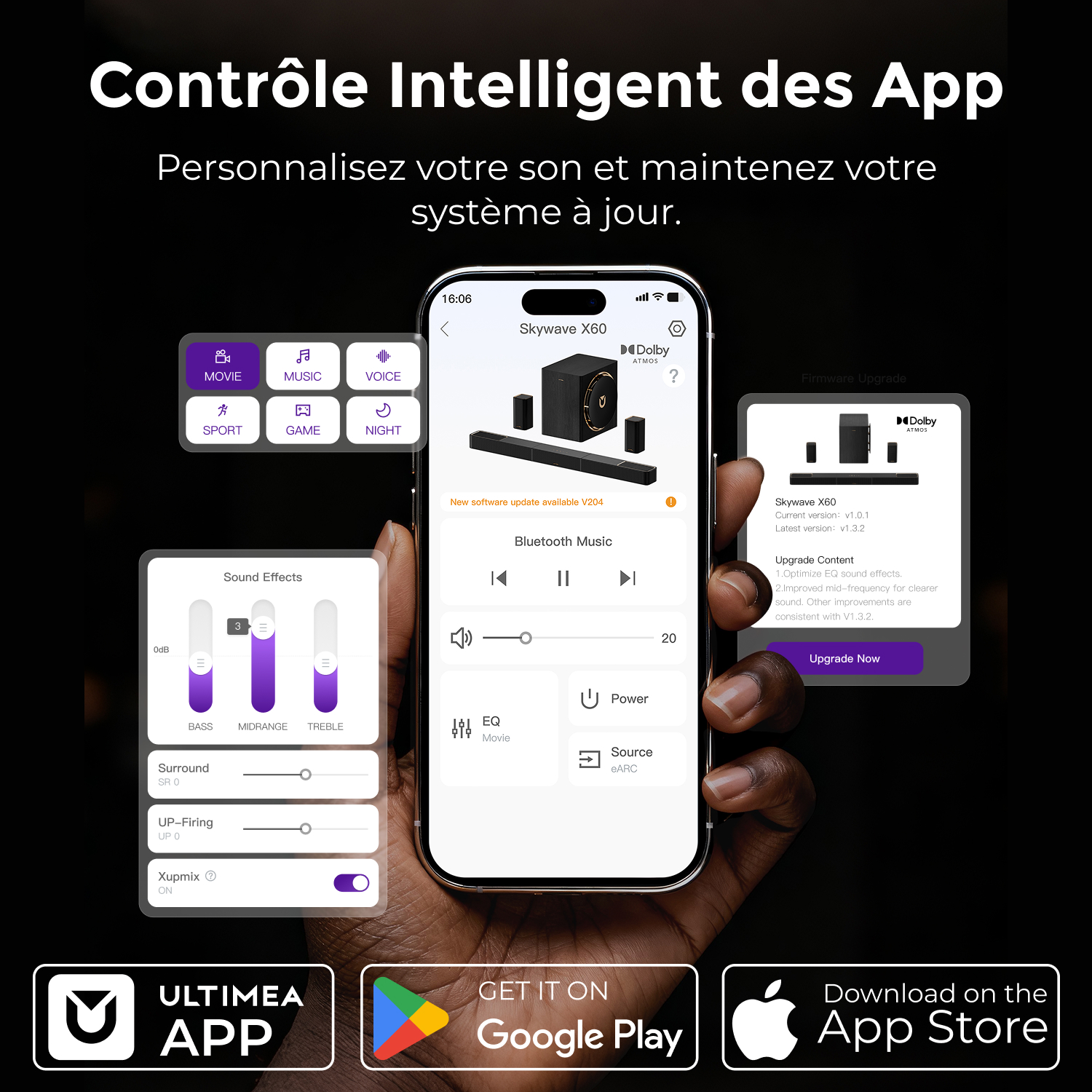Een hand houdt een telefoon met app-bediening vast. Tekst: 'Contrôle Intelligent des App'. Andere elementen zijn geluidsinstellingen en app-iconen.