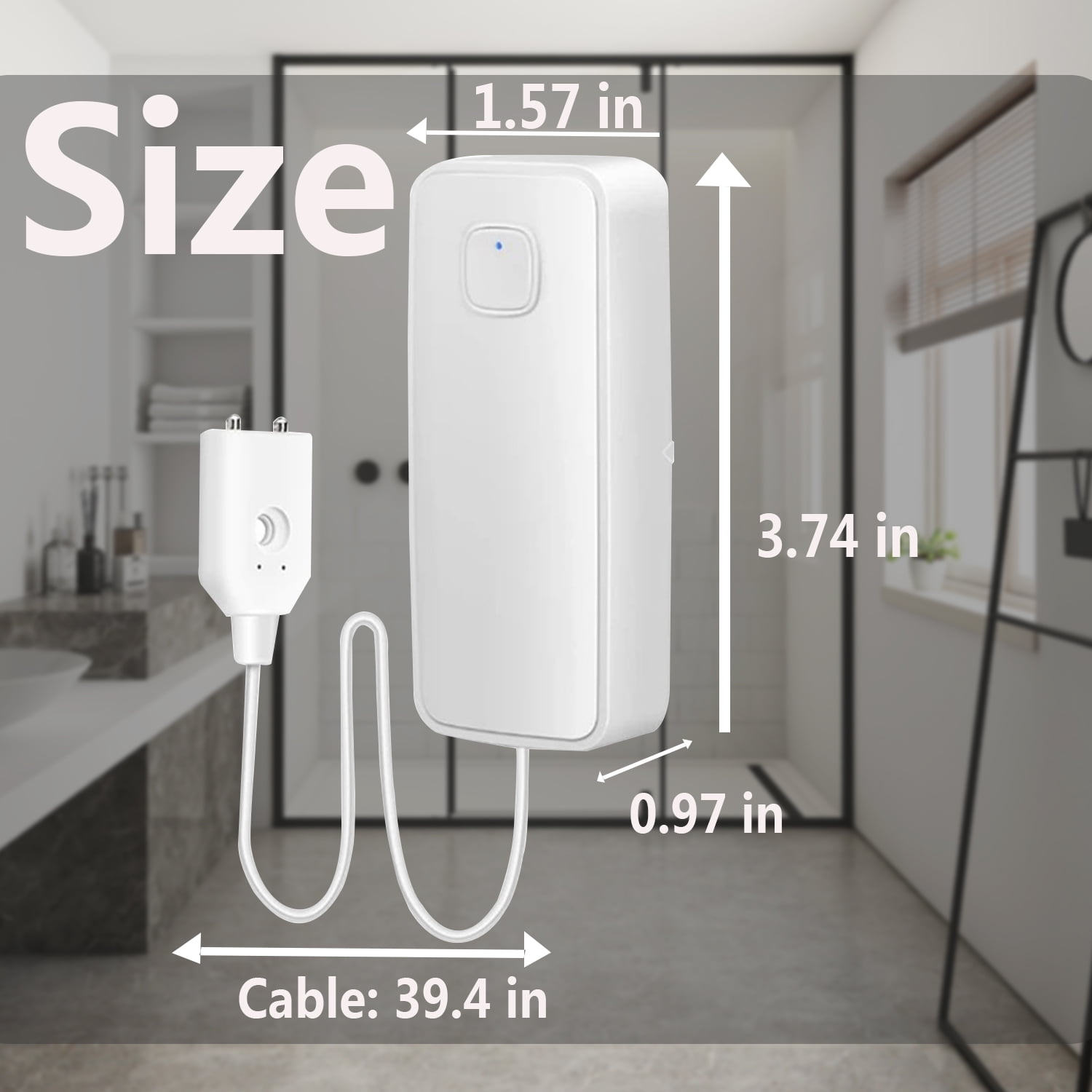 Ein weißes Gerät mit Kabel in einem Badezimmer. Abmessungen: 1,57 Zoll, 3,74 Zoll und 0,97 Zoll. Kabellänge: 39,4 Zoll.