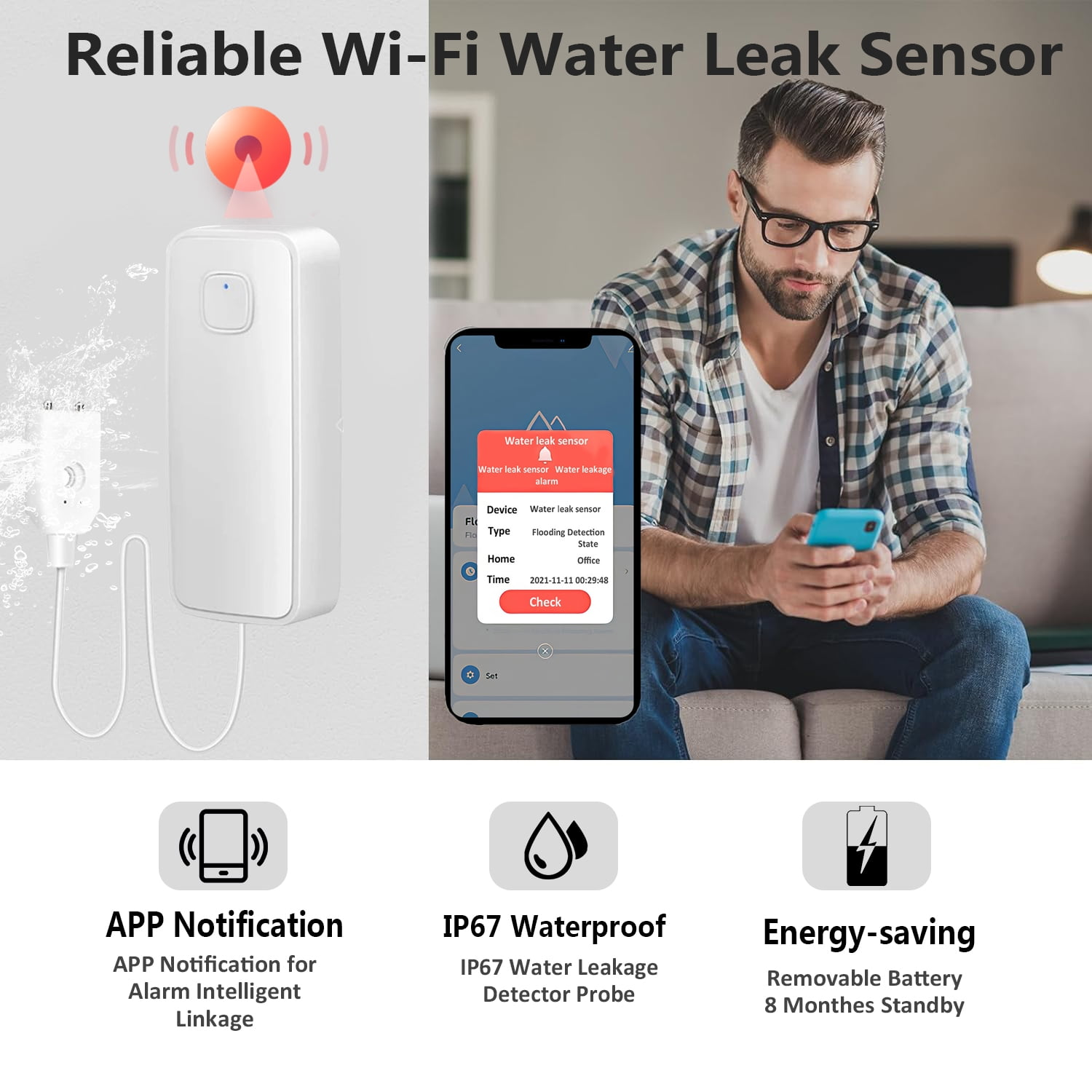 Ein Mann mit Brille benutzt sein Telefon, in der Nähe eines Wasserlecksensors und Icons für App-Benachrichtigung, Wasserdichtigkeit und Energiesparen.