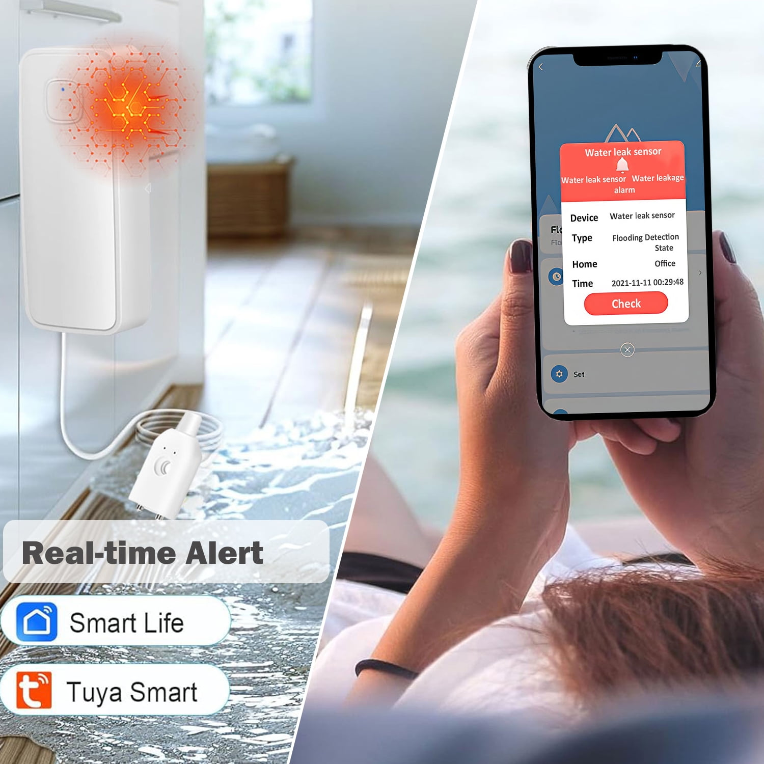 Ein intelligenter Wasserlecksensor mit einem Telefon, das einen Alarm anzeigt. Der Sensor ist weiß, mit einem roten Alarmsymbol. Das Telefon zeigt Details.