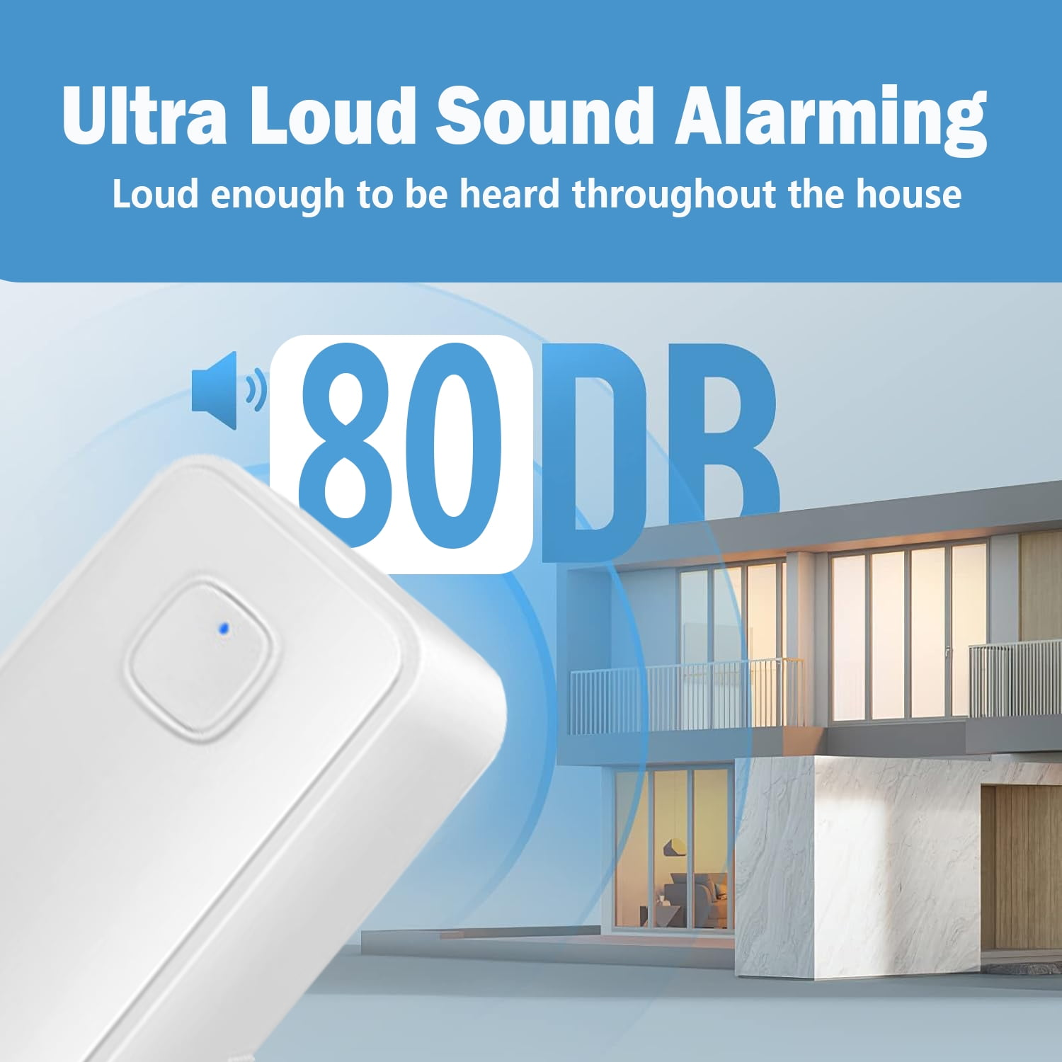 Das Bild zeigt ein weißes Alarmgerät mit blauem Licht. Der Text lautet 'Ultra Loud Sound Alarm'. Im Hintergrund befindet sich ein Haus mit '80 DB'.