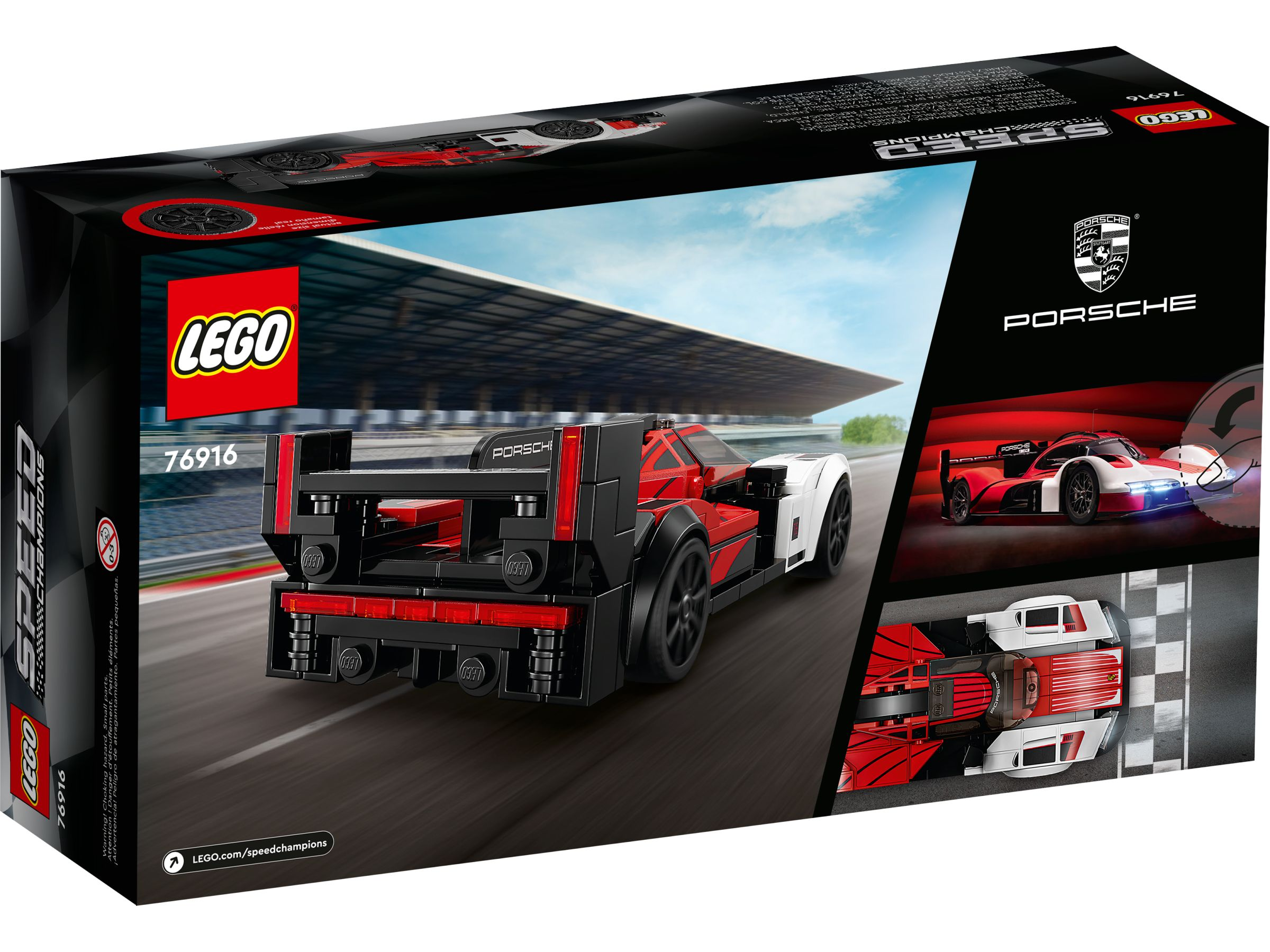 Eine LEGO Speed Champions Porsche-Box, die das Automodell mit roten, schwarzen und weißen Farben auf einer Rennstrecke zeigt.