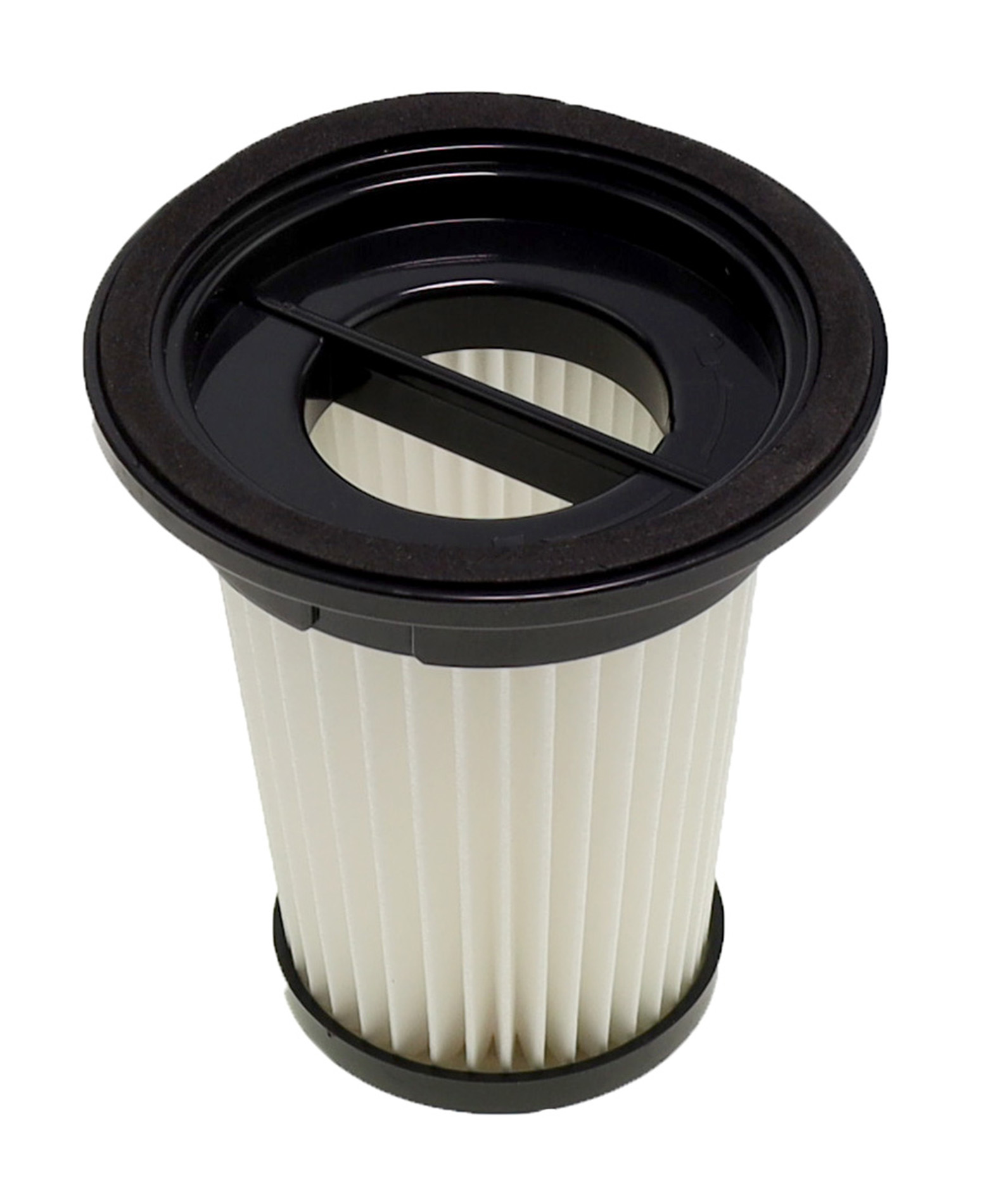 Ein zylindrischer Staubsaugerfilter. Er hat einen schwarzen oberen und unteren Rand mit weißem, plissiertem Filterpapier dazwischen.