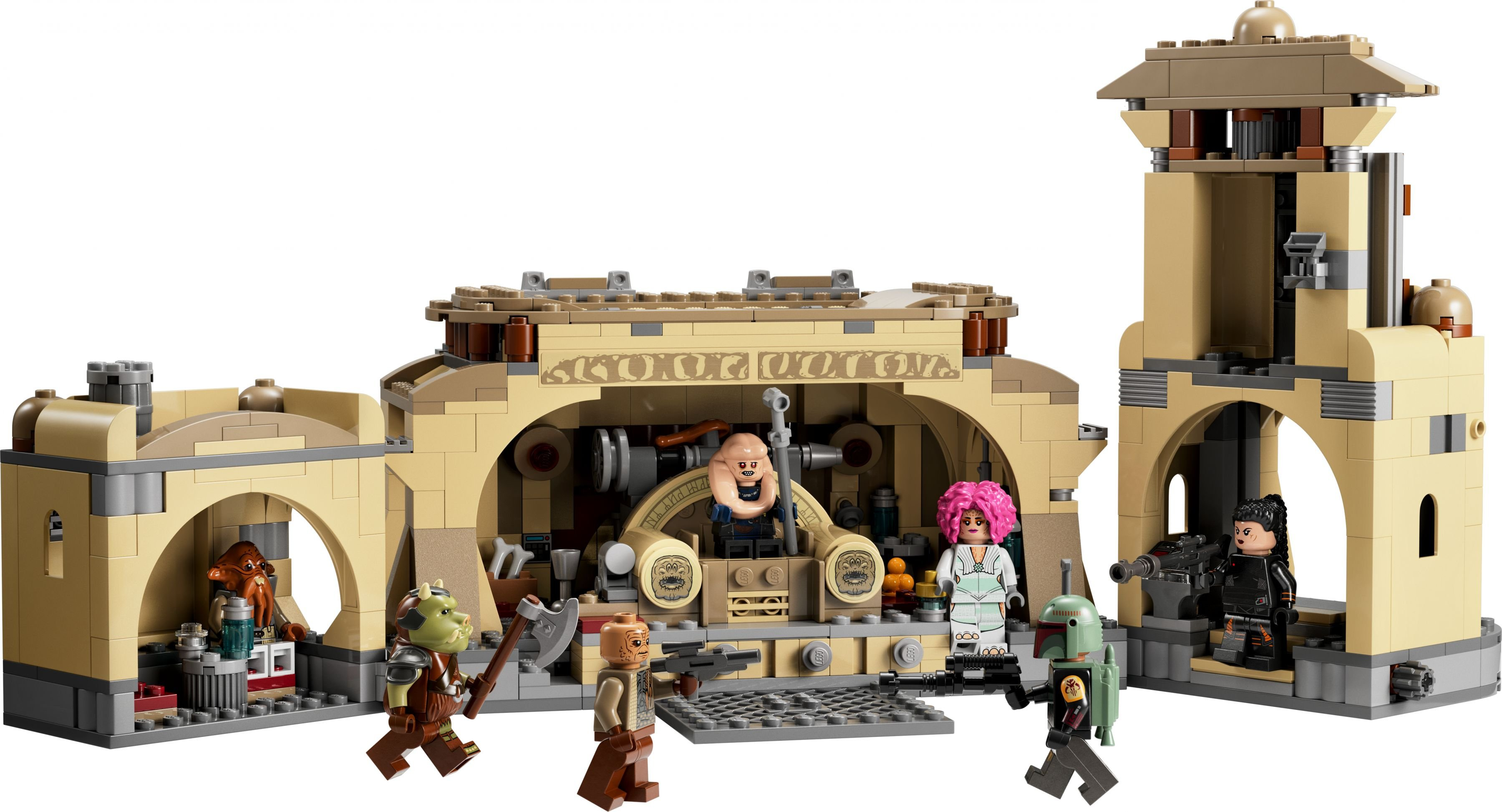 Zestaw Lego Star Wars z figurkami i strukturami w odcieniach brązu i beżu. Postacie obejmują Boba Fetta.