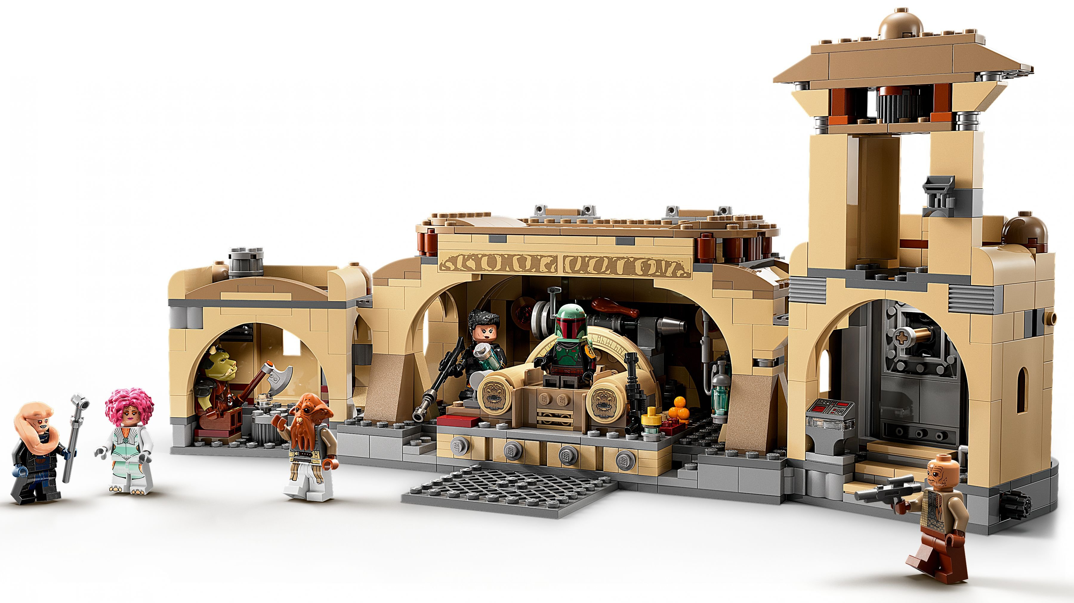 Zestaw Lego Star Wars z Boba Fettem, różnymi postaciami i szczegółowym pałacem Tatooine. Zawiera figurki i akcesoria.
