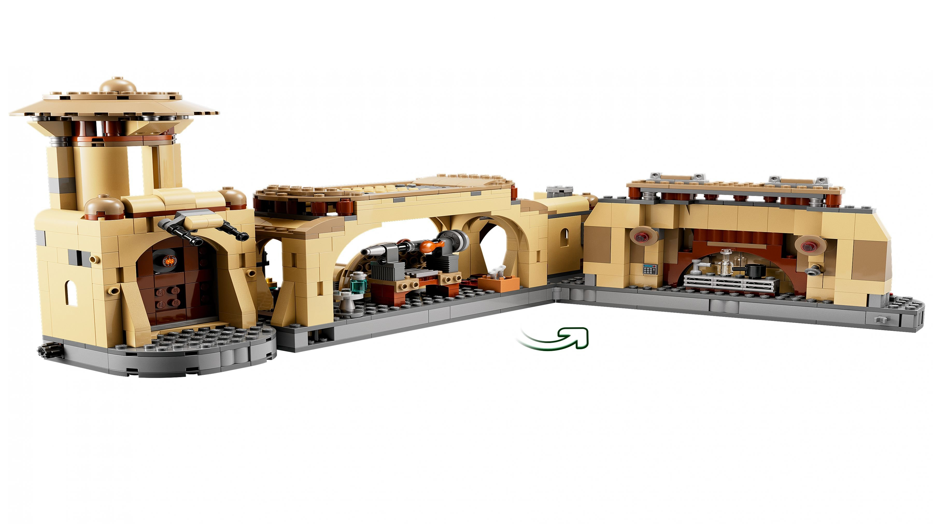 Zestaw Lego przedstawiający budynek Tatooine z wieżą, łukiem i wnętrzem, wszystko w kolorach beżu i brązu.
