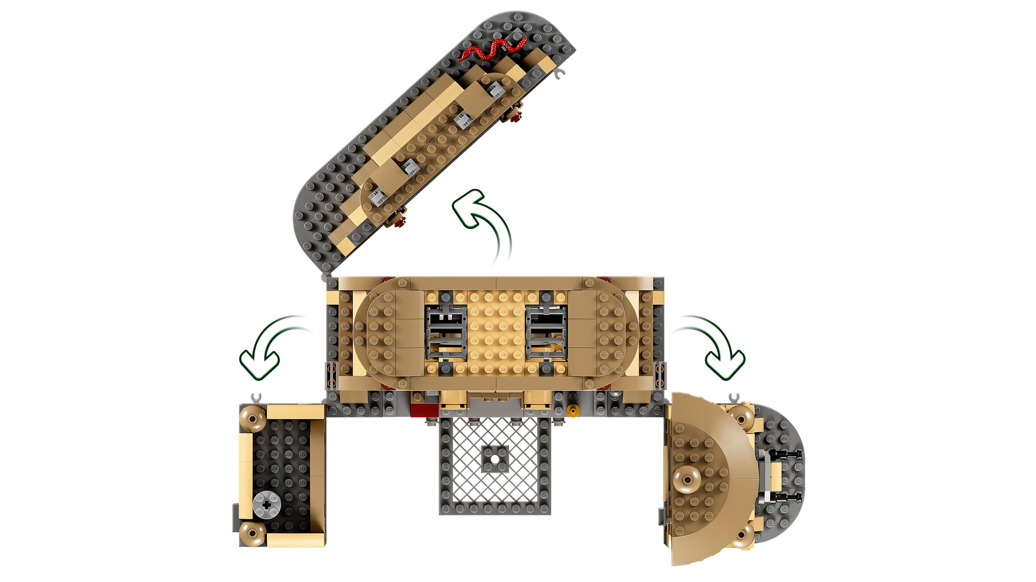Widok z góry na konstrukcję Lego. Ma otwartą górę, dwie sekcje boczne i sekcję okrągłą. Strzałki pokazują kierunki otwierania.
