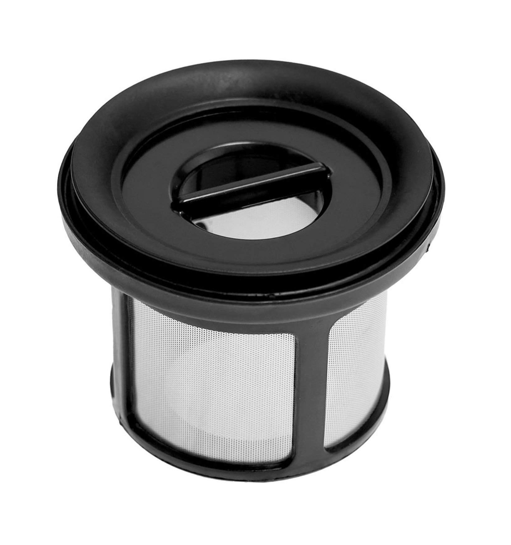 Nahaufnahme eines schwarzen Kaffeefilters. Der Filter hat ein Metallgitter und einen schwarzen Kunststoffrahmen.