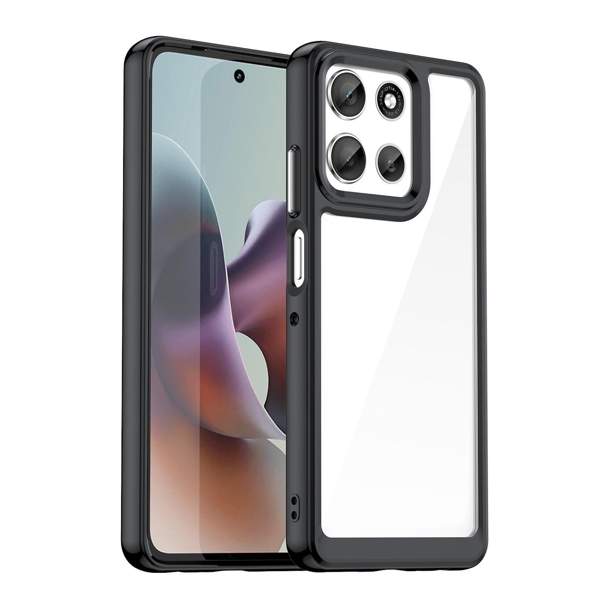 Ein Telefon in einer schwarzen Hülle, das Bildschirm und Kamera zeigt. Die Hülle ist hinten transparent.
