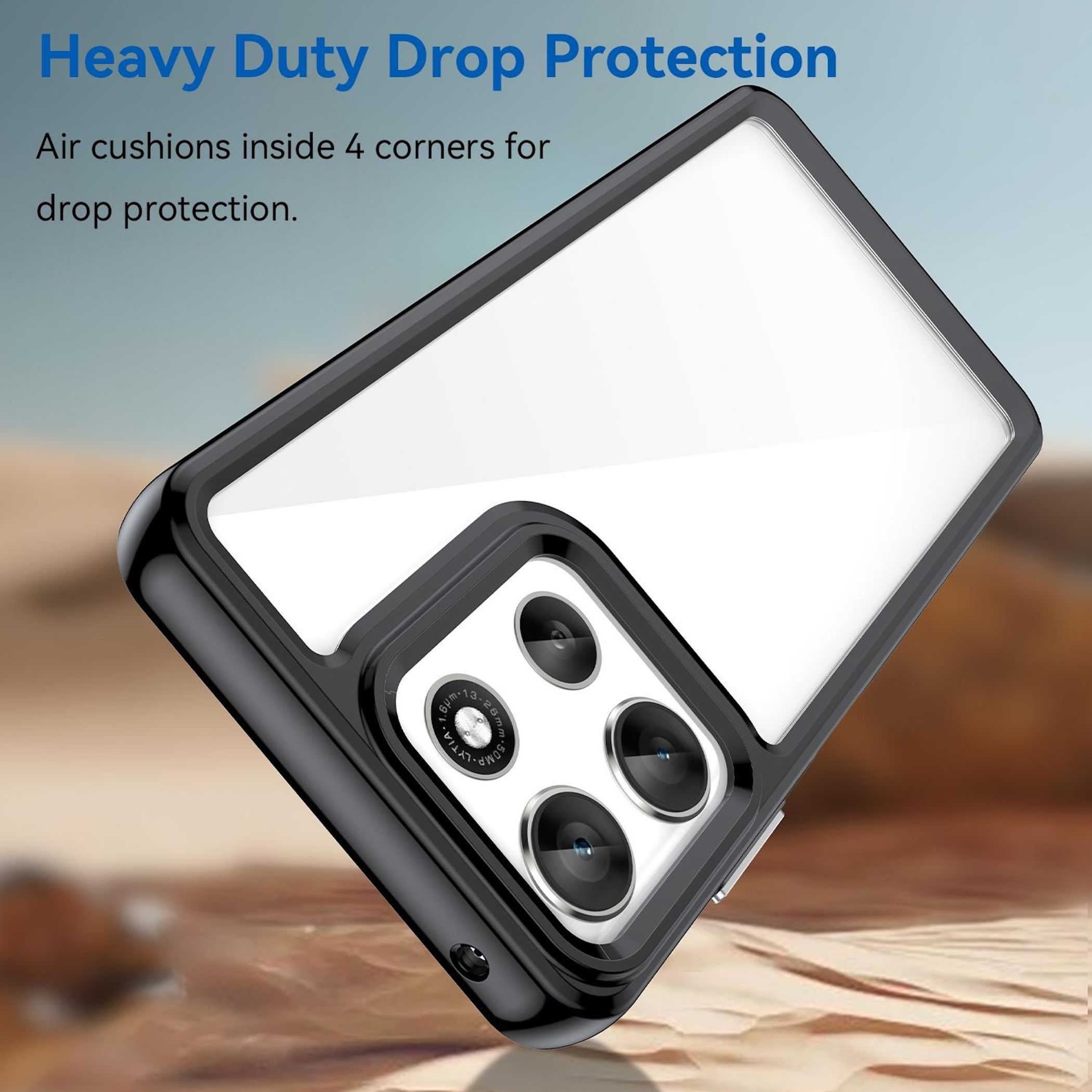 Schwarze Handyhülle mit durchsichtigem Rücken, schräge Ansicht. Kameralinsen sichtbar. Text: Heavy Duty Drop Protection.