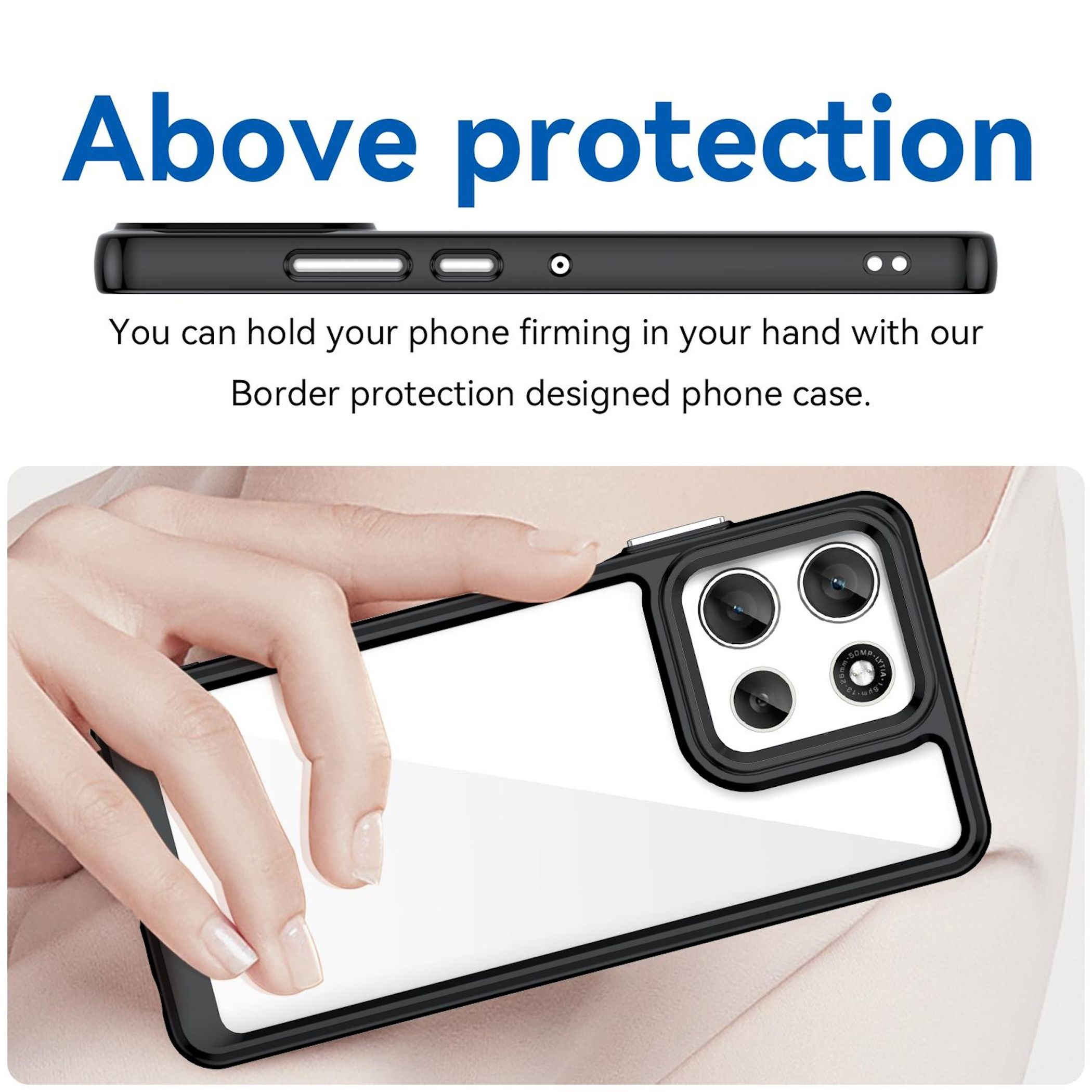 Eine Hand hält ein Telefon in einer schwarzen Hülle mit Kameramodul. Text: 'Oben Schutz' und Produktbeschreibung.