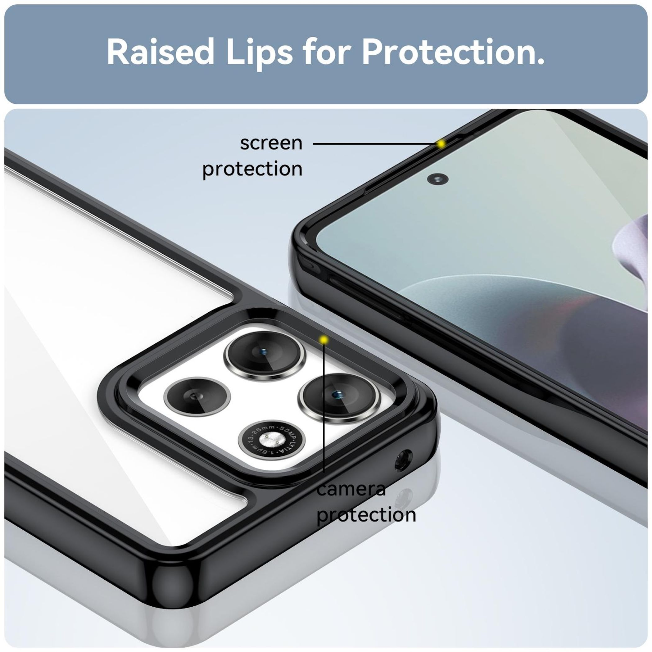 Nahaufnahme einer Handyhülle mit erhöhten Rändern. Sie bietet Kamera- und Bildschirmschutz und enthält den Text 'Raised Lips for Protection'.