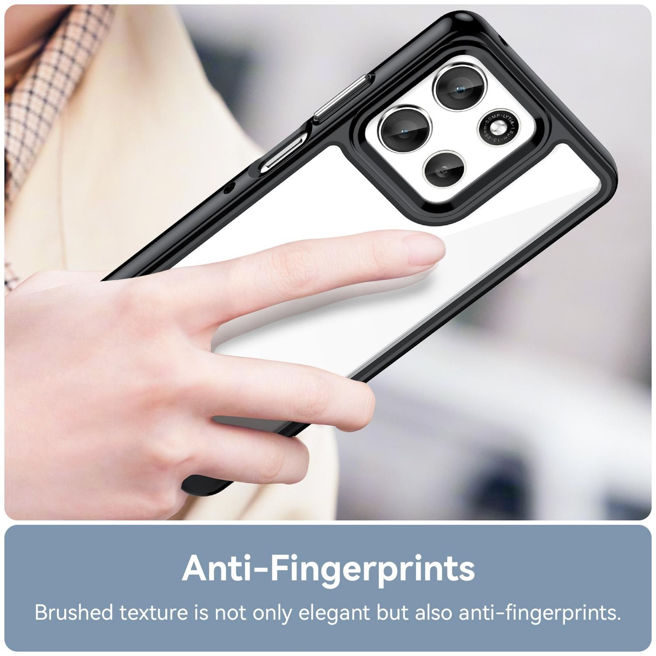 Eine Hand hält eine Handyhülle. Die Hülle ist schwarz mit einem durchsichtigen Rücken. Der Text lautet 'Anti-Fingerprints'.