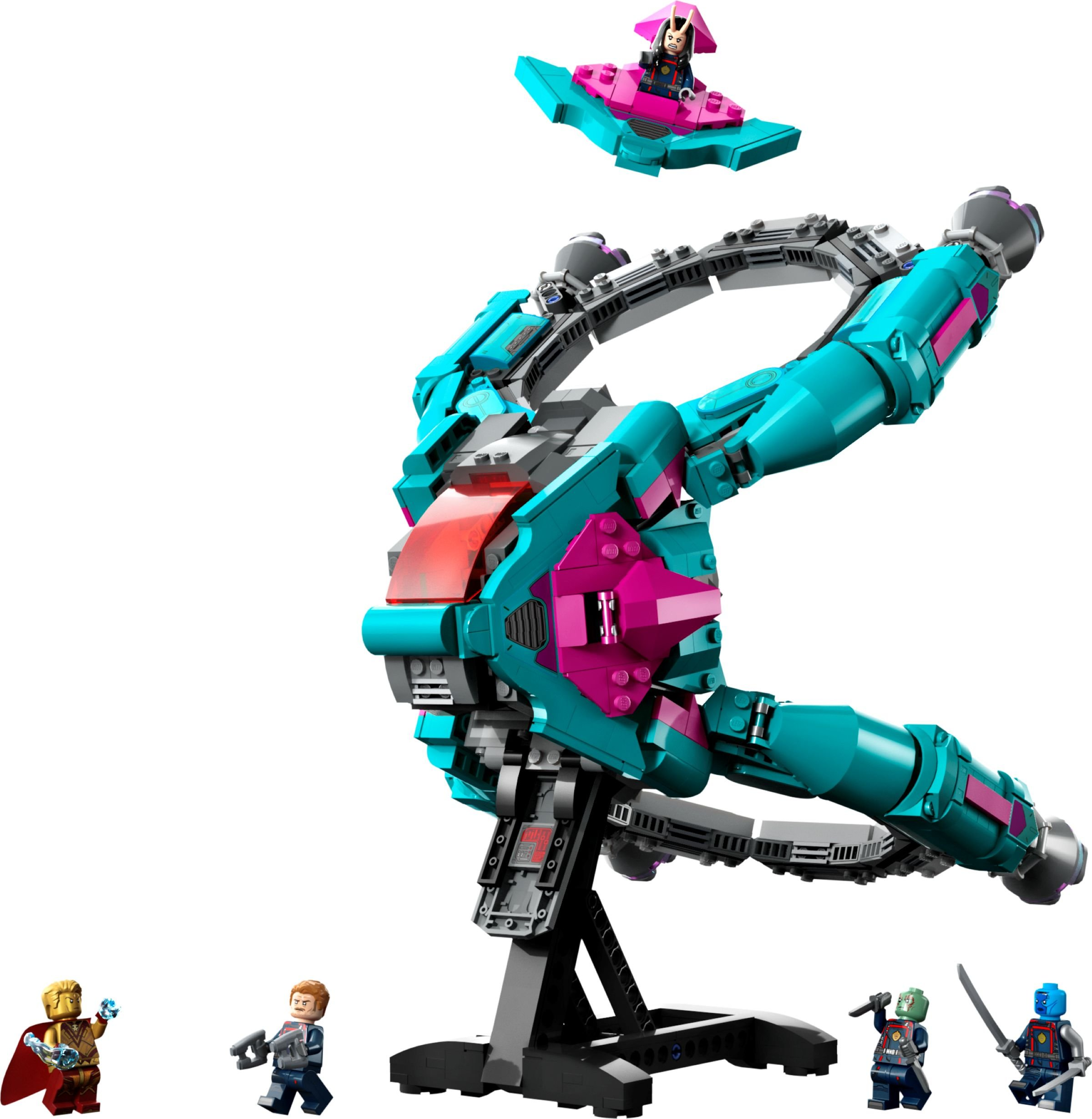 Lego-Set mit einem großen teal- und pinkfarbenen Raumschiff, kleinen Figuren und einem kleineren Fluggerät. Figuren befinden sich in der Basis.
