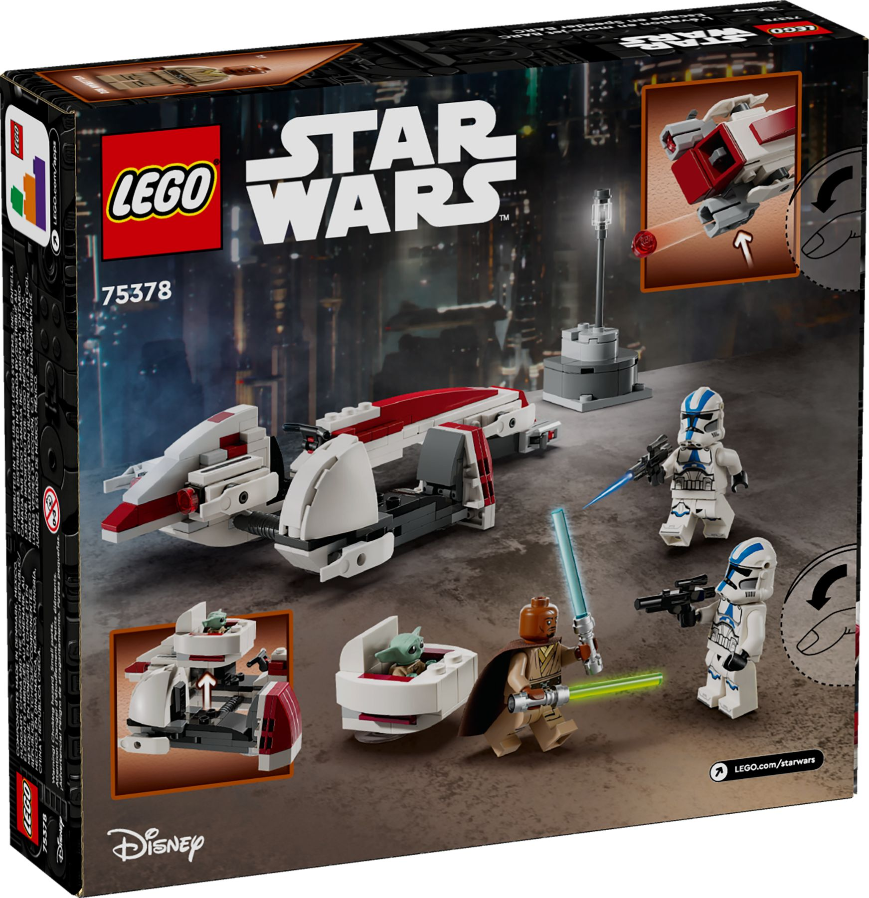 LEGO Star Wars Set-Box. Zeigt einen rot-weißen Speeder, Minifiguren und ein grünes Lichtschwert.