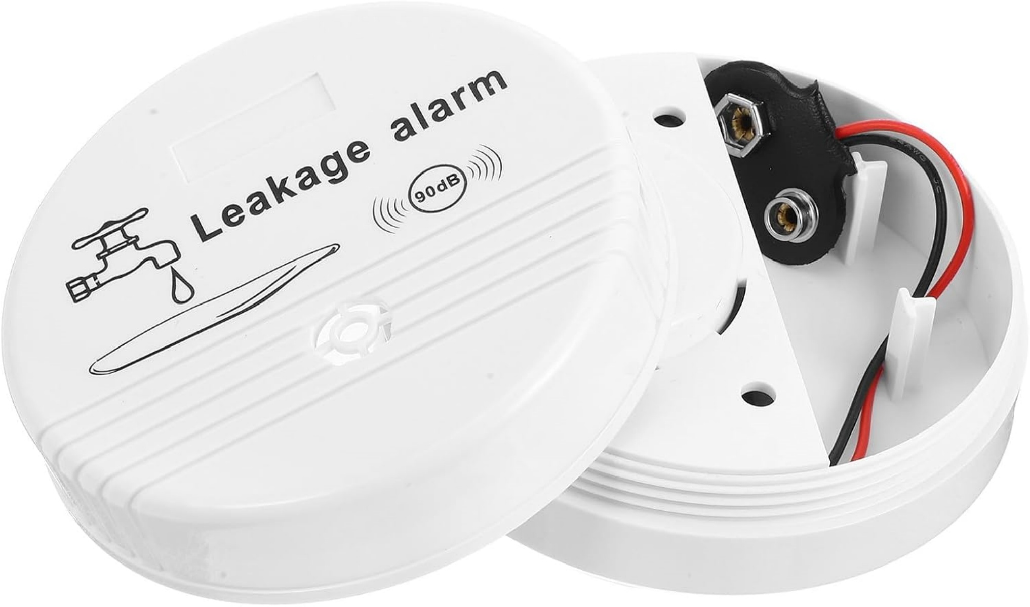 Weißer Leckalarm mit offenem Deckel. Zeigt ein Wasserhahn-Symbol. Im Inneren befindet sich ein Batteriehalter mit roten und schwarzen Drähten.