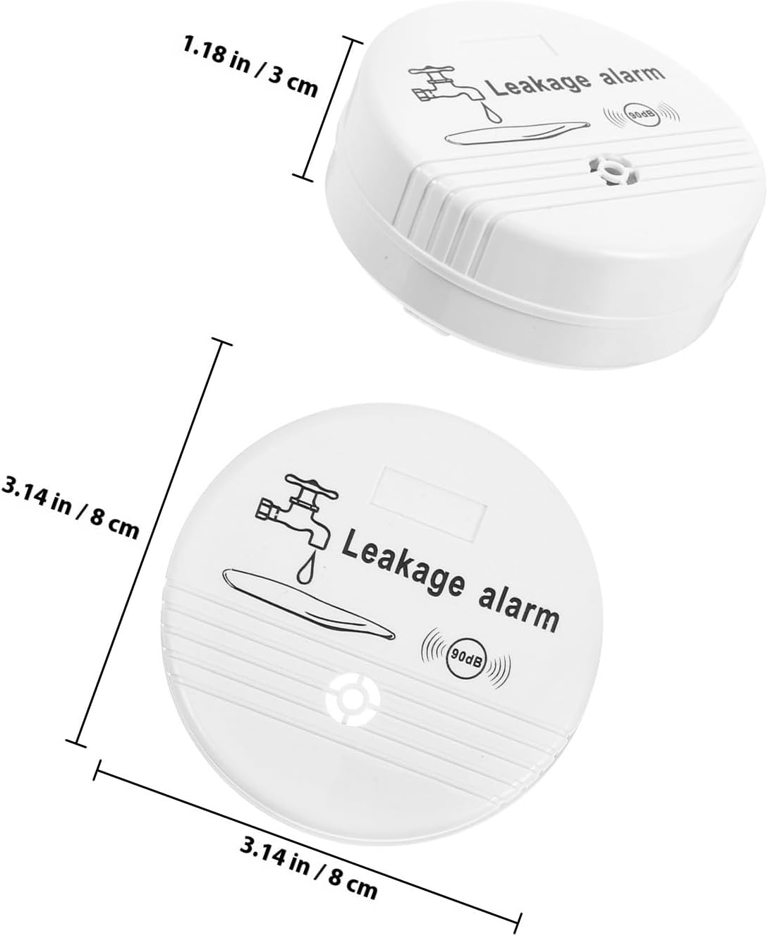 Zwei weiße Leckalarmmelder mit Abmessungen. Jedes hat ein Wasserhahn-Symbol und Text: Leckagemelder, 90dB. Maße in Zoll und cm.