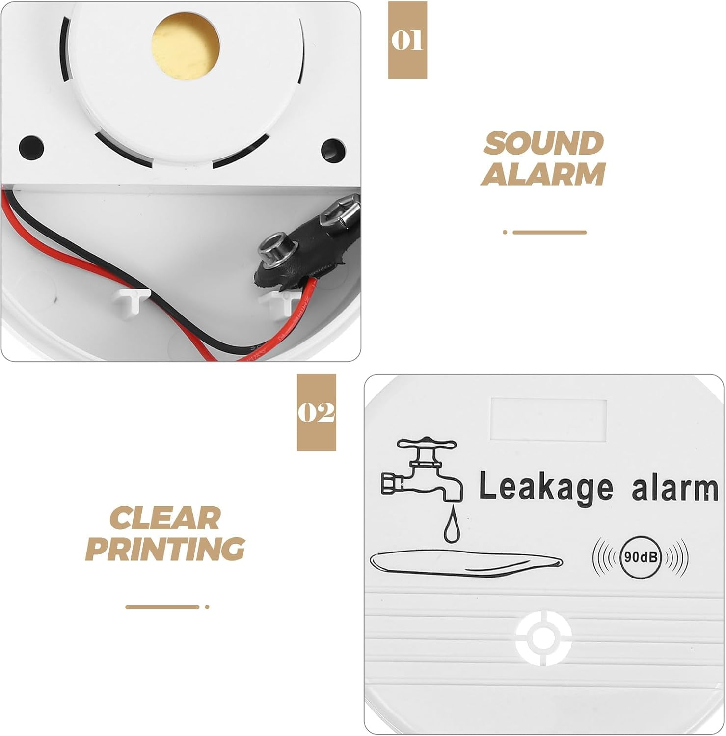 Das Bild zeigt ein weißes Alarmgerät mit interner Verkabelung und einer Batterie. Es hat Textetiketten wie 'Sound Alarm' und 'Leakage Alarm'.